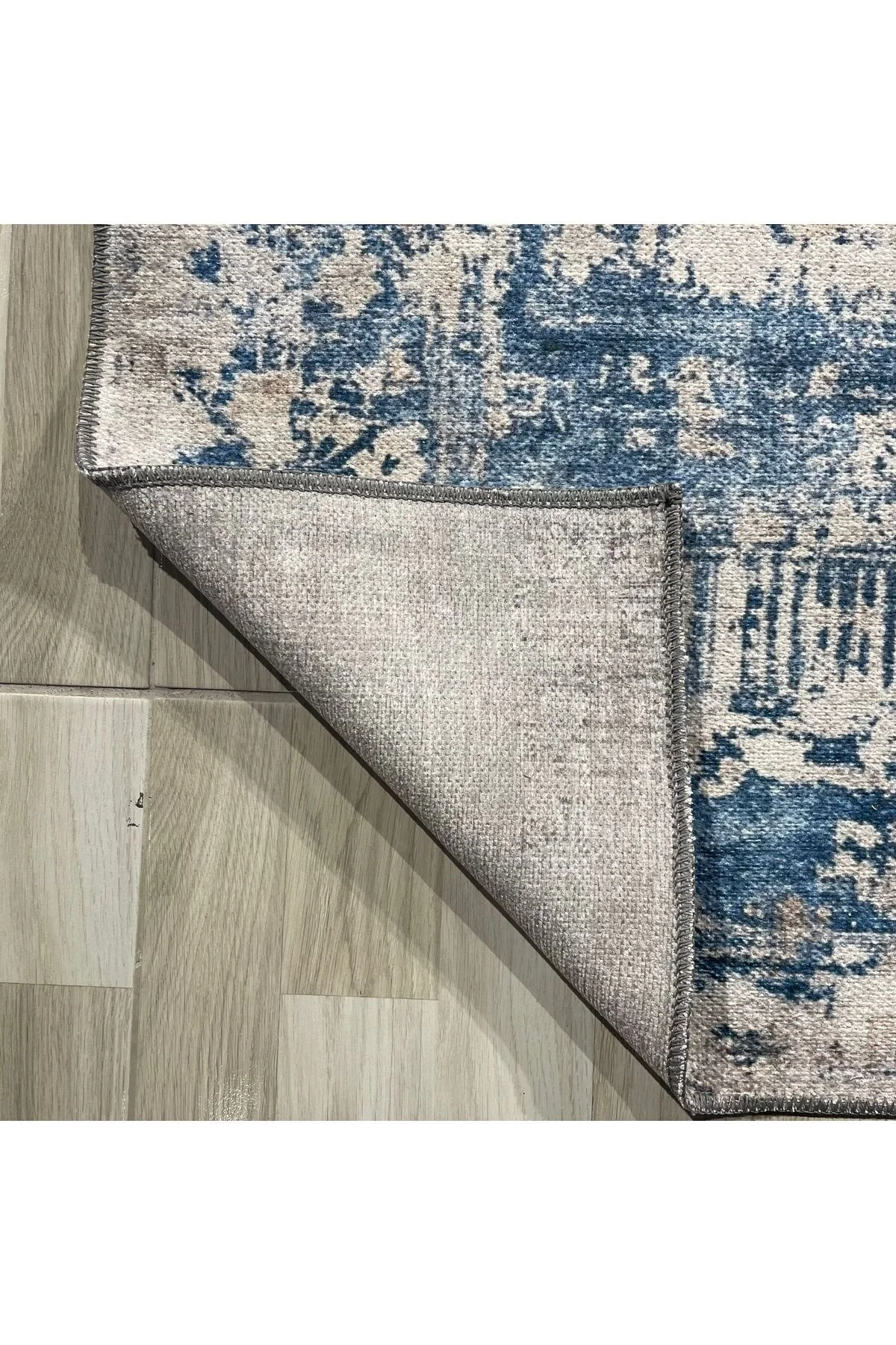 Tasarım Çift Taraflı Yıkanabilir Şönil Halı Kilim Yolluk Eskitme Çerçeveli Mavi