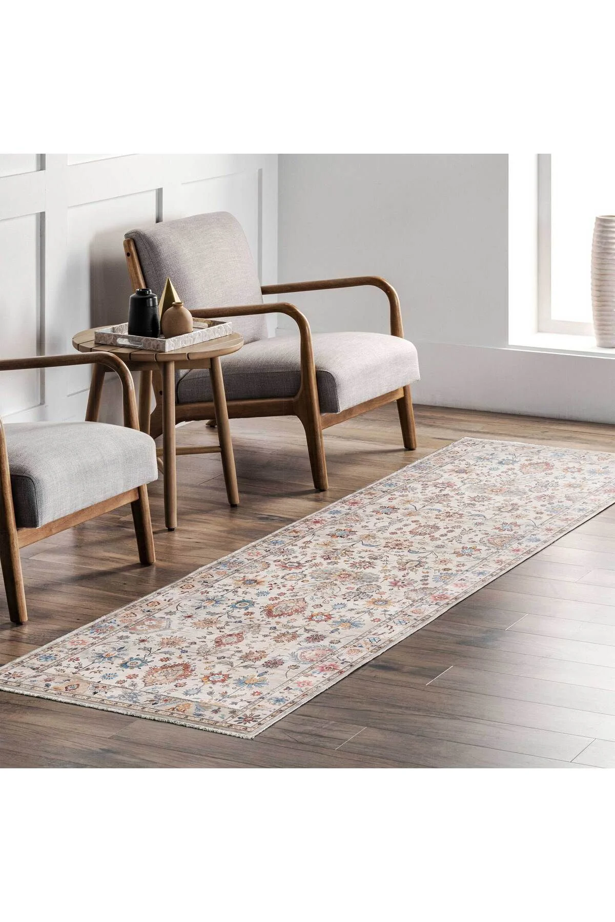 Tasarım Çift Taraflı Yıkanabilir Şönil Halı Kilim Yolluk Çiçek Mo