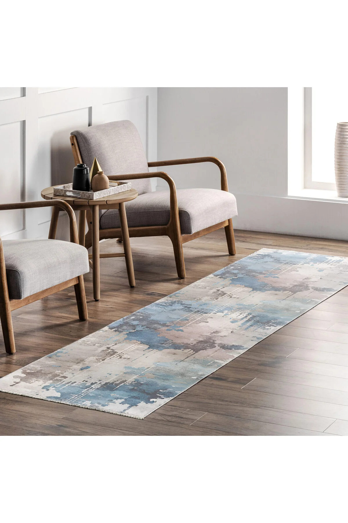 Tasarım Çift Taraflı Yıkanabilir Şönil Halı Kilim Yolluk Abstract Mavi Gri