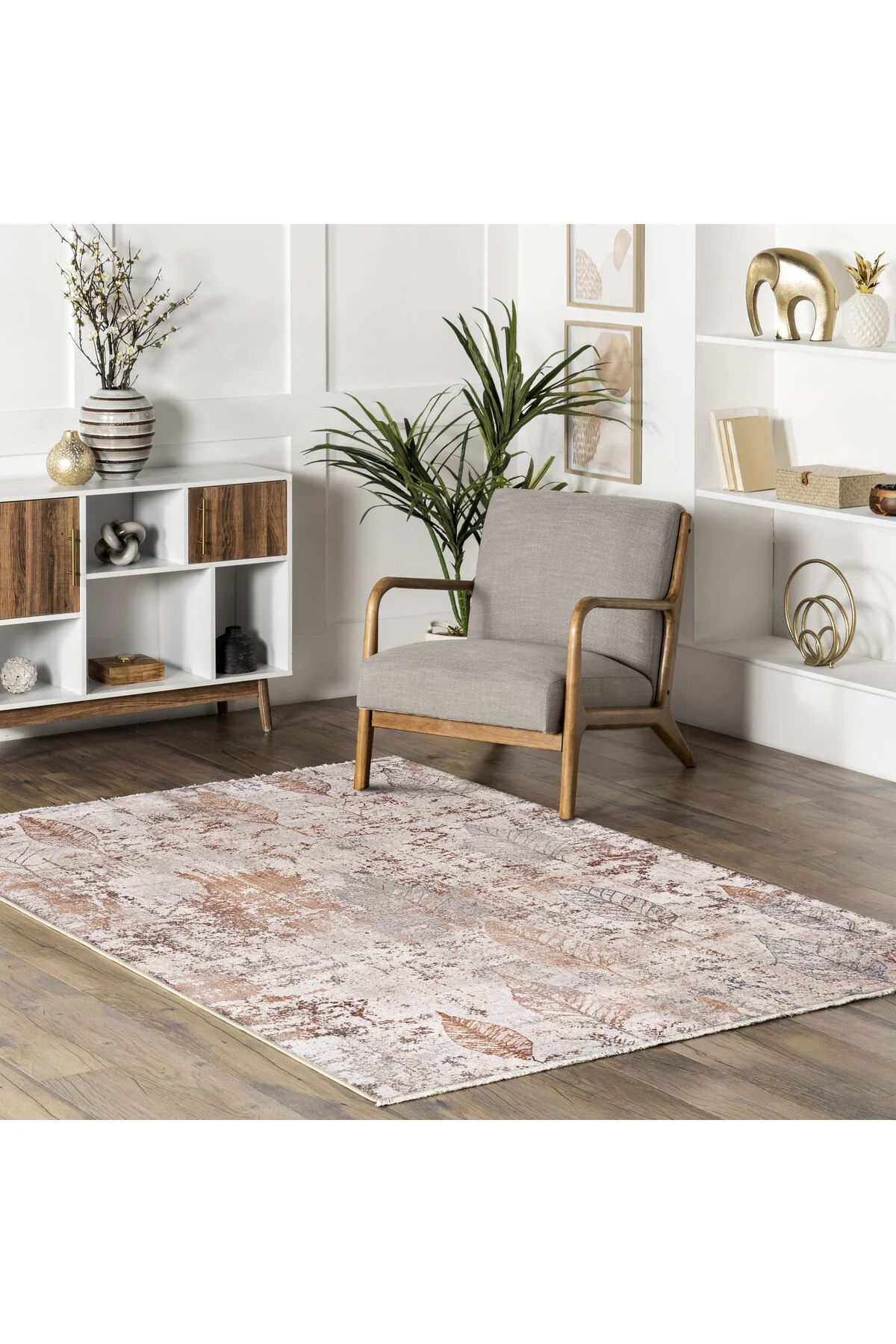 Tasarım Çift Taraflı Yıkanabilir Şönil Halı Kilim Yolluk Vizon Kahve Yaprak Desenli