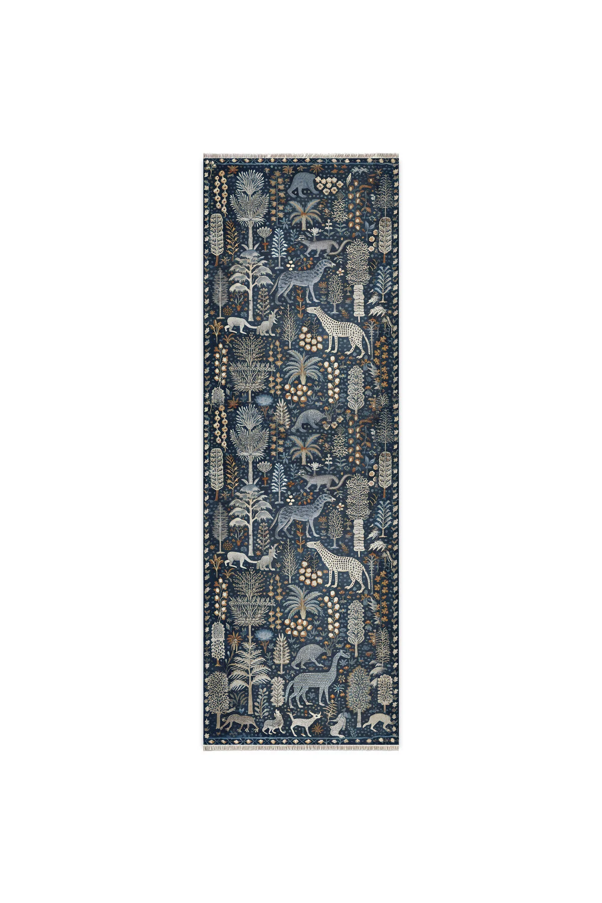 Tasarım Çift Taraflı Yıkanabilir Şönil Halı Kilim Yolluk Doğa Ve Orman Temalı Mavi Lacivert Eskitme Tasarım Çift Taraflı Yıkanabilir Şönil Halı Kilim Yolluk Doğa Ve Orman Temalı Mavi Lacivert Eskitme