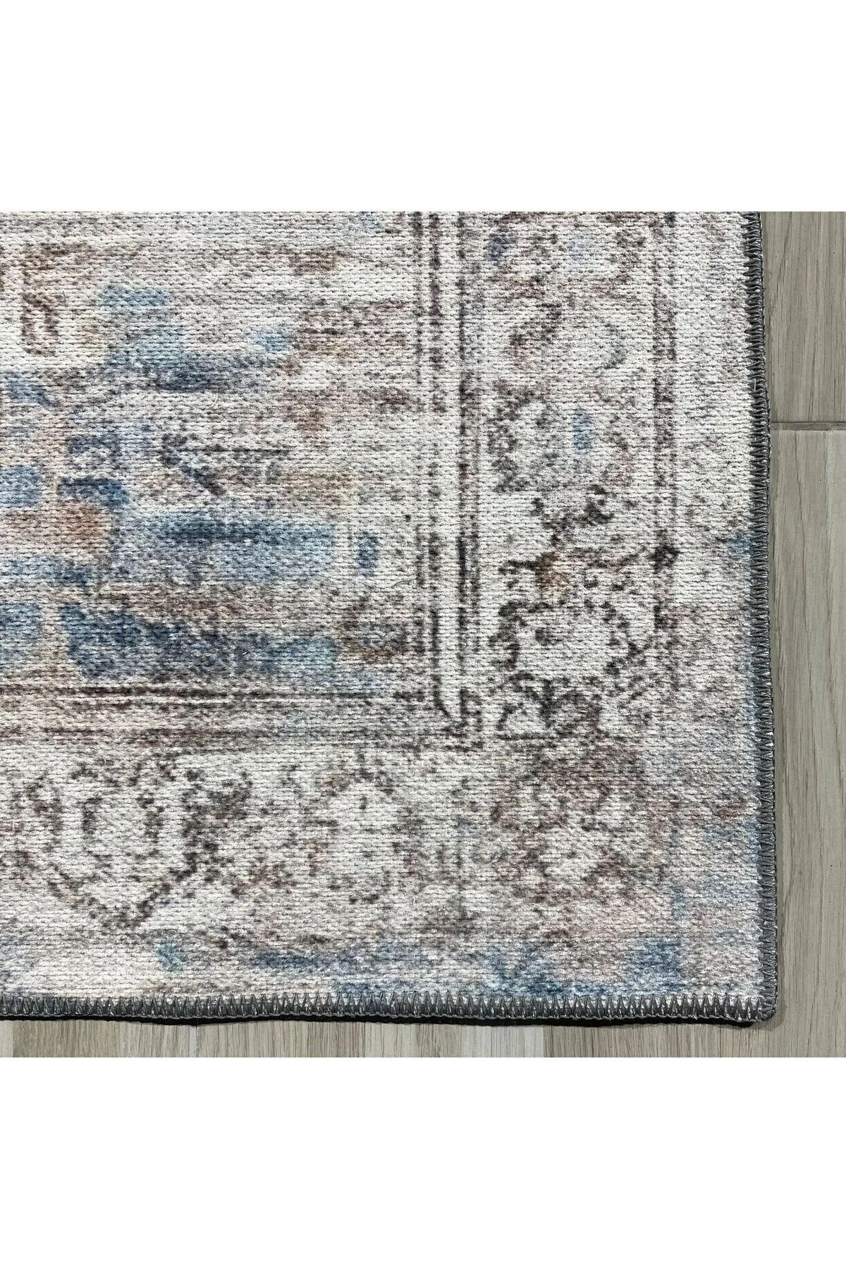 Tasarım Çift Taraflı Yıkanabilir Şönil Halı Kilim Yolluk Çerçeveli Eskitme Bej Mavi