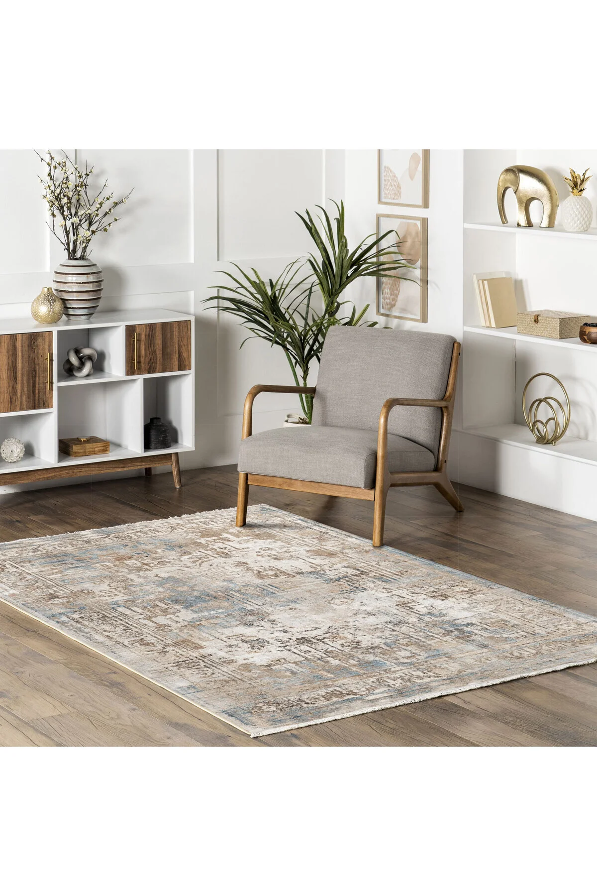 Tasarım Çift Taraflı Yıkanabilir Şönil Halı Kilim Yolluk Çerçeveli Eskitme Bej Mavi