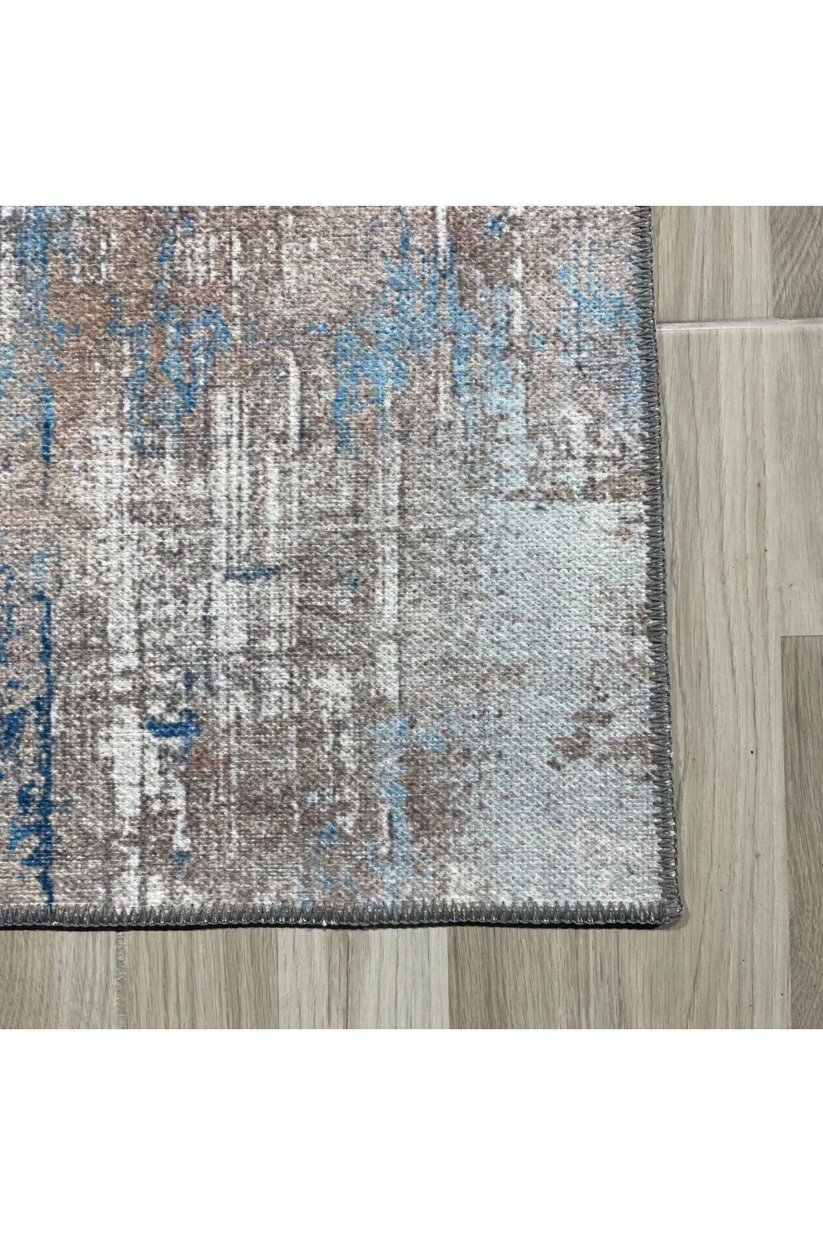 Tasarım Çift Taraflı Yıkanabilir Şönil Halı Kilim Yolluk Abstract Bej Mavi