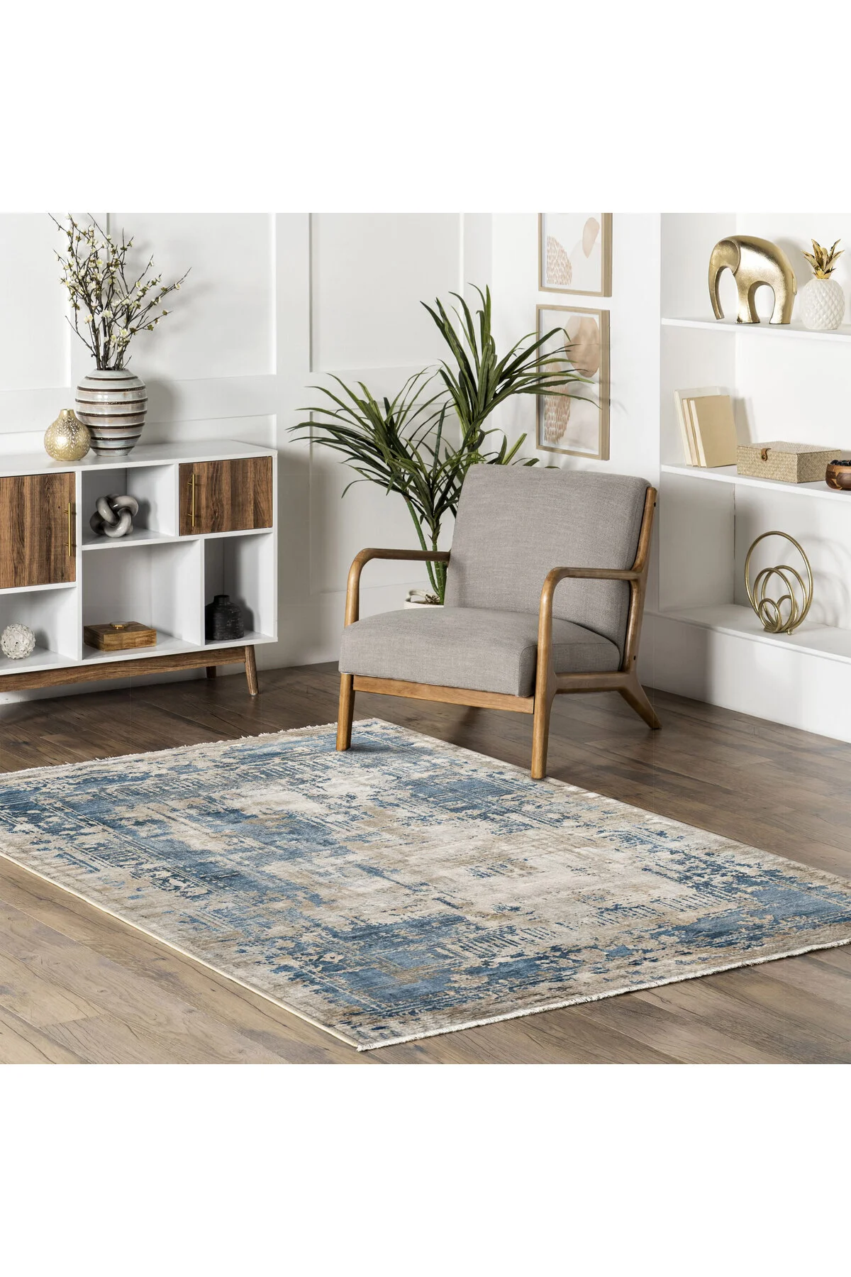 Tasarım Çift Taraflı Yıkanabilir Şönil Halı Kilim Yolluk Eskitme Çerçeveli Mavi