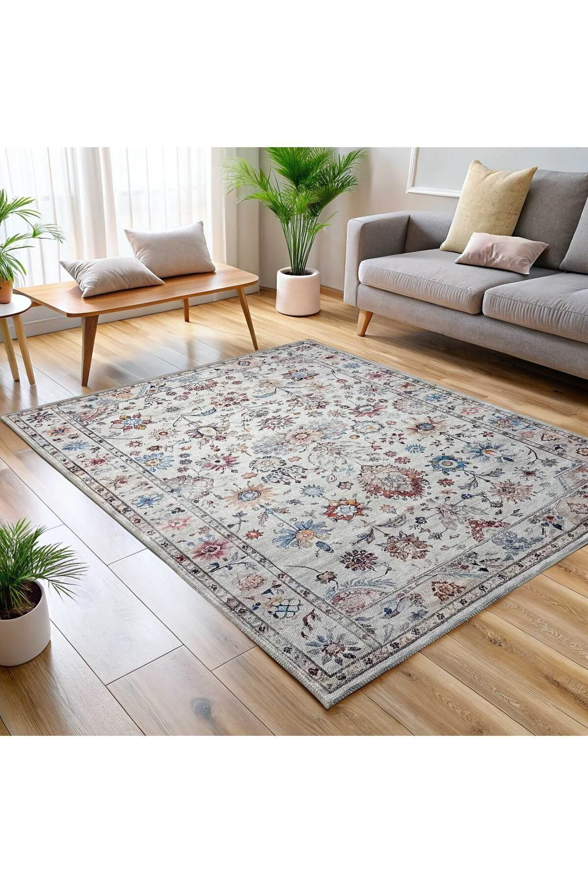 Tasarım Çift Taraflı Yıkanabilir Şönil Halı Kilim Yolluk Çiçek Mo