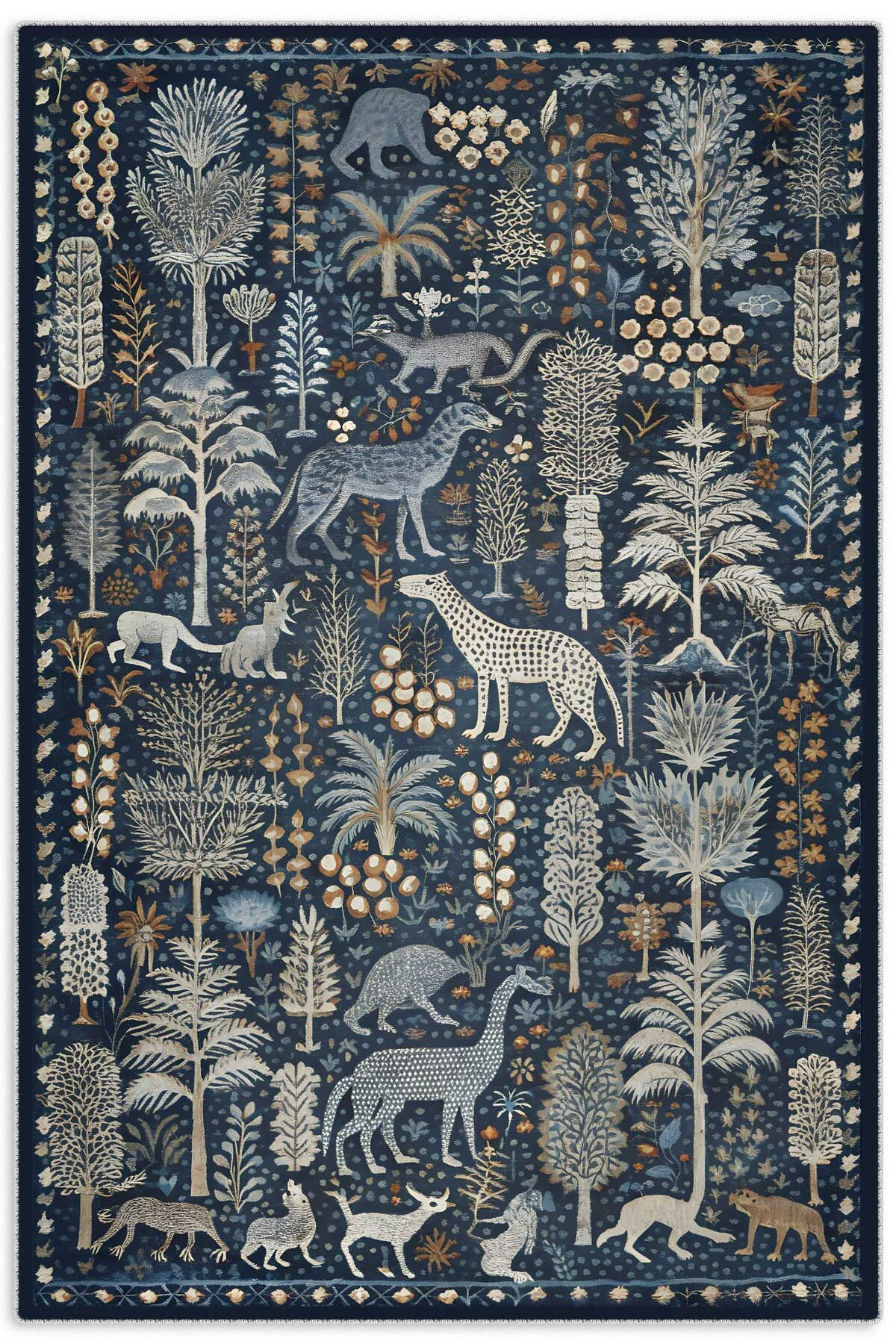 Tasarım Çift Taraflı Yıkanabilir Şönil Halı Kilim Yolluk Doğa Ve Orman Temalı Mavi Lacivert Eskitme Tasarım Çift Taraflı Yıkanabilir Şönil Halı Kilim Yolluk Doğa Ve Orman Temalı Mavi Lacivert Eskitme