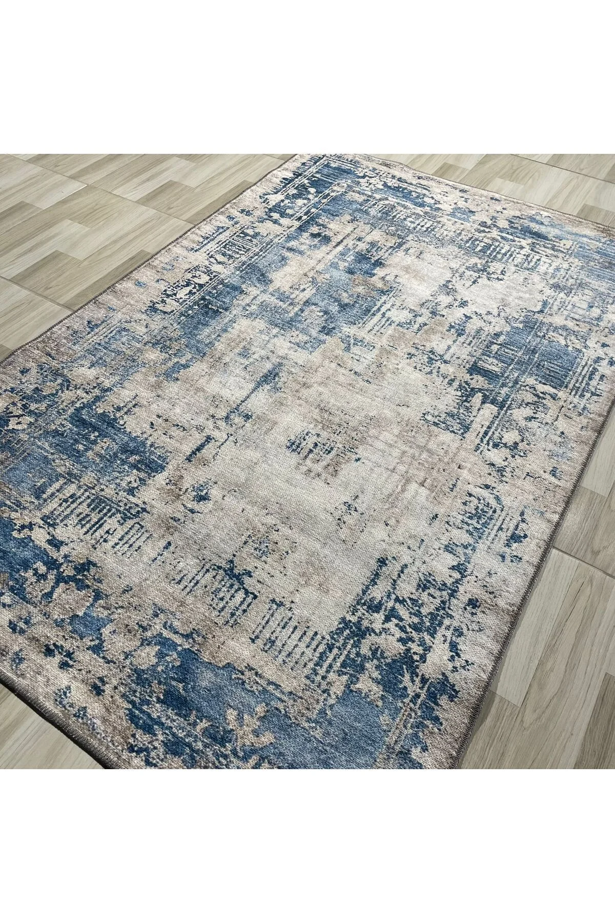 Tasarım Çift Taraflı Yıkanabilir Şönil Halı Kilim Yolluk Eskitme Çerçeveli Mavi