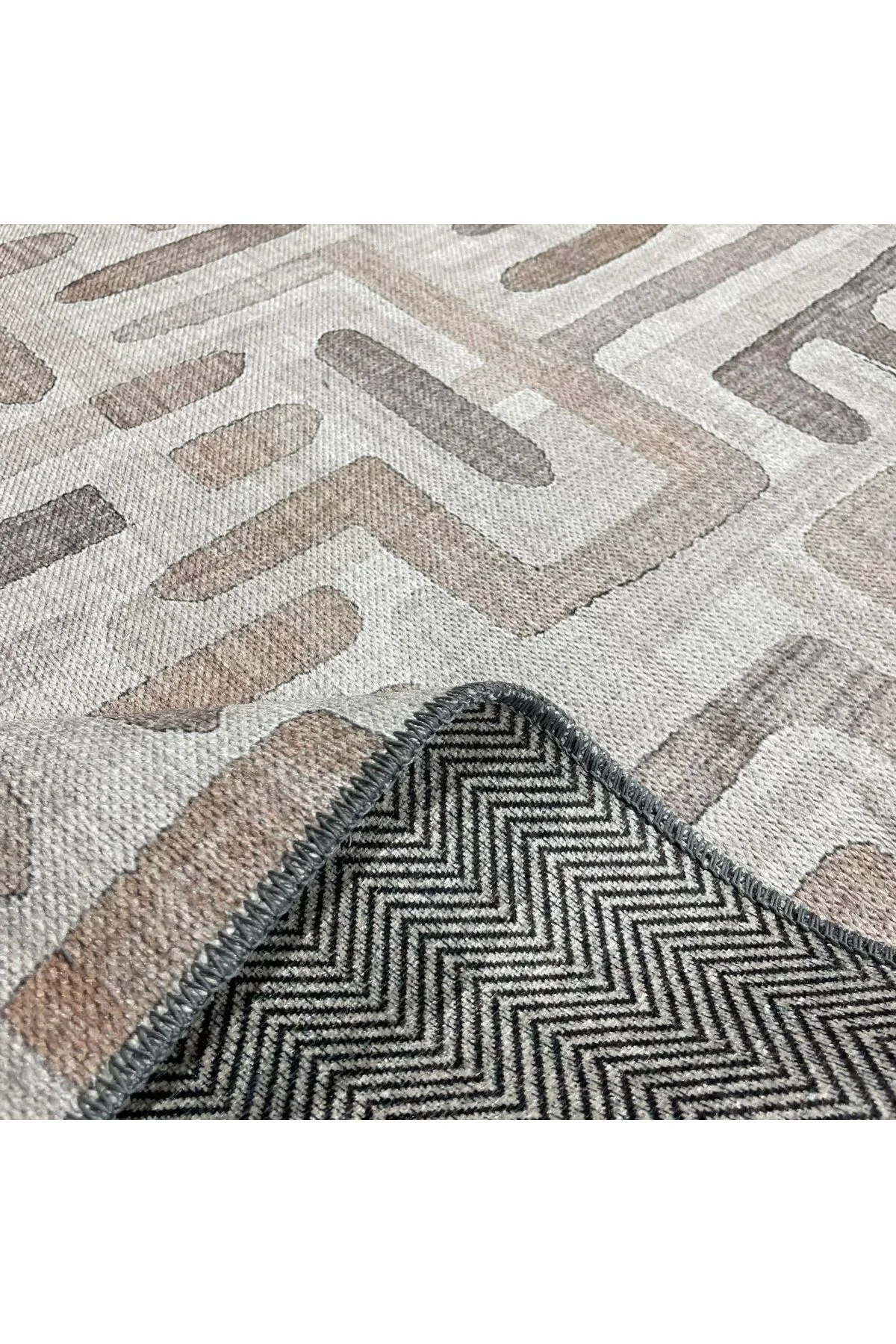 Tasarım Çift Taraflı Yıkanabilir Şönil Halı Kilim Yolluk Bej Kahv