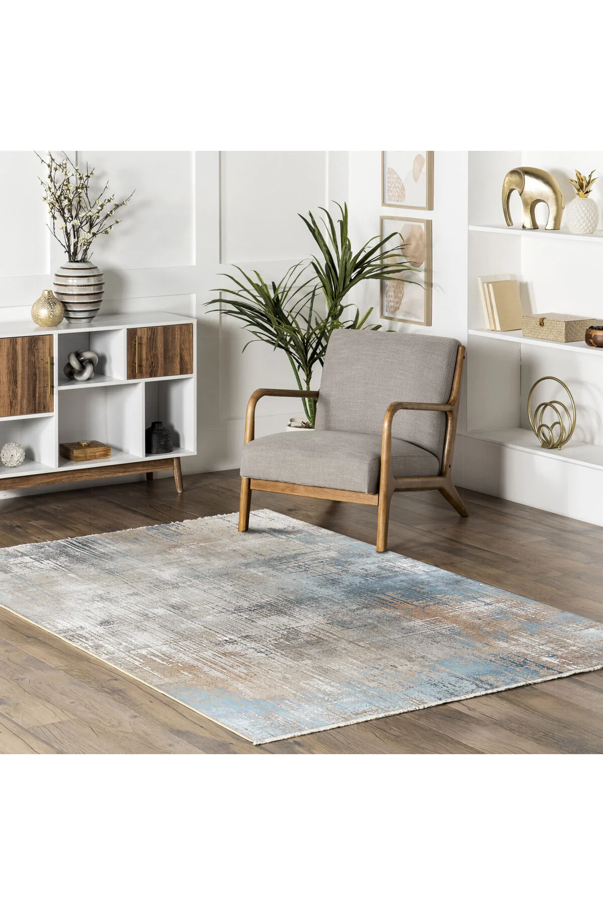 Tasarım Çift Taraflı Yıkanabilir Şönil Halı Kilim Yolluk Abstract Bej Mavi