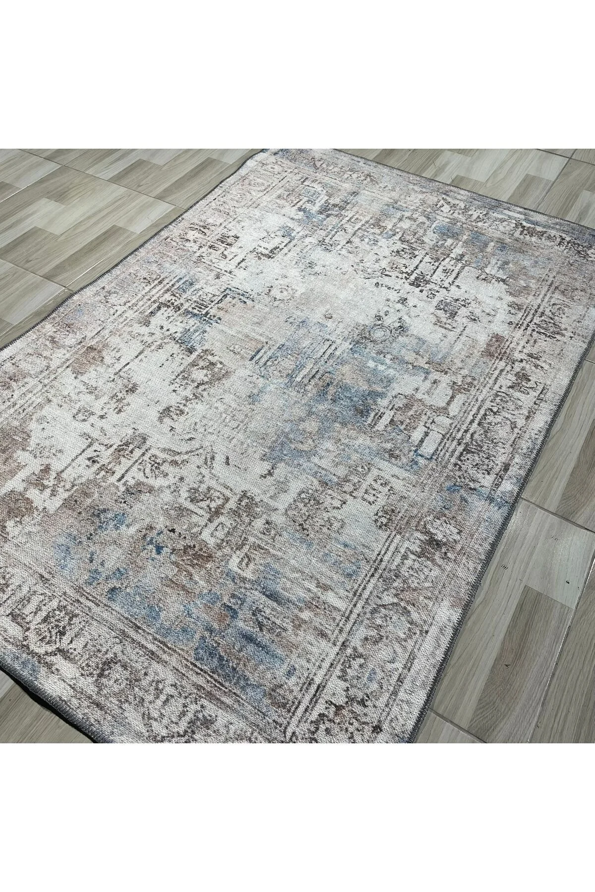 Tasarım Çift Taraflı Yıkanabilir Şönil Halı Kilim Yolluk Çerçeveli Eskitme Bej Mavi