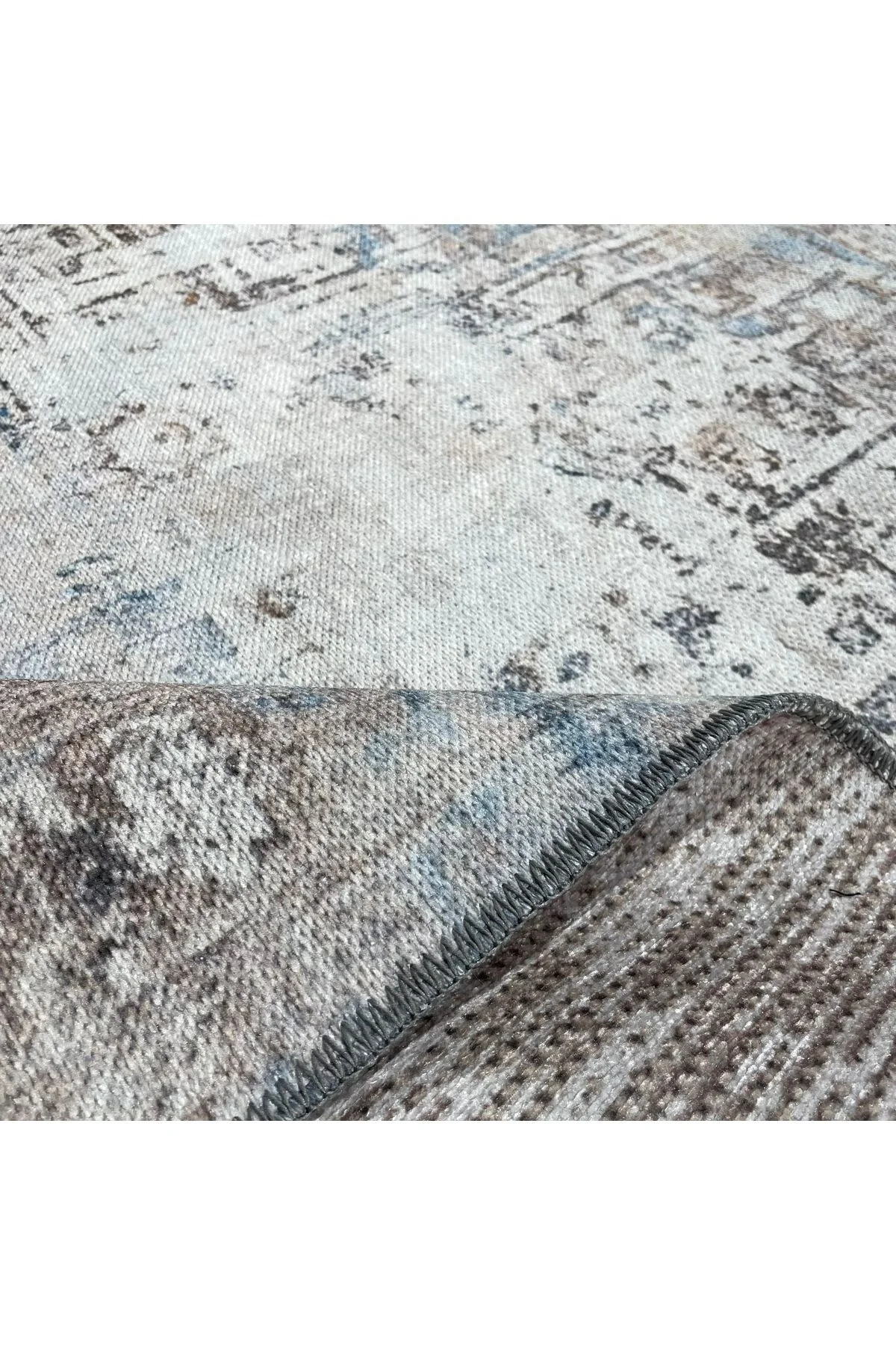 Tasarım Çift Taraflı Yıkanabilir Şönil Halı Kilim Yolluk Çerçeveli Eskitme Bej Mavi