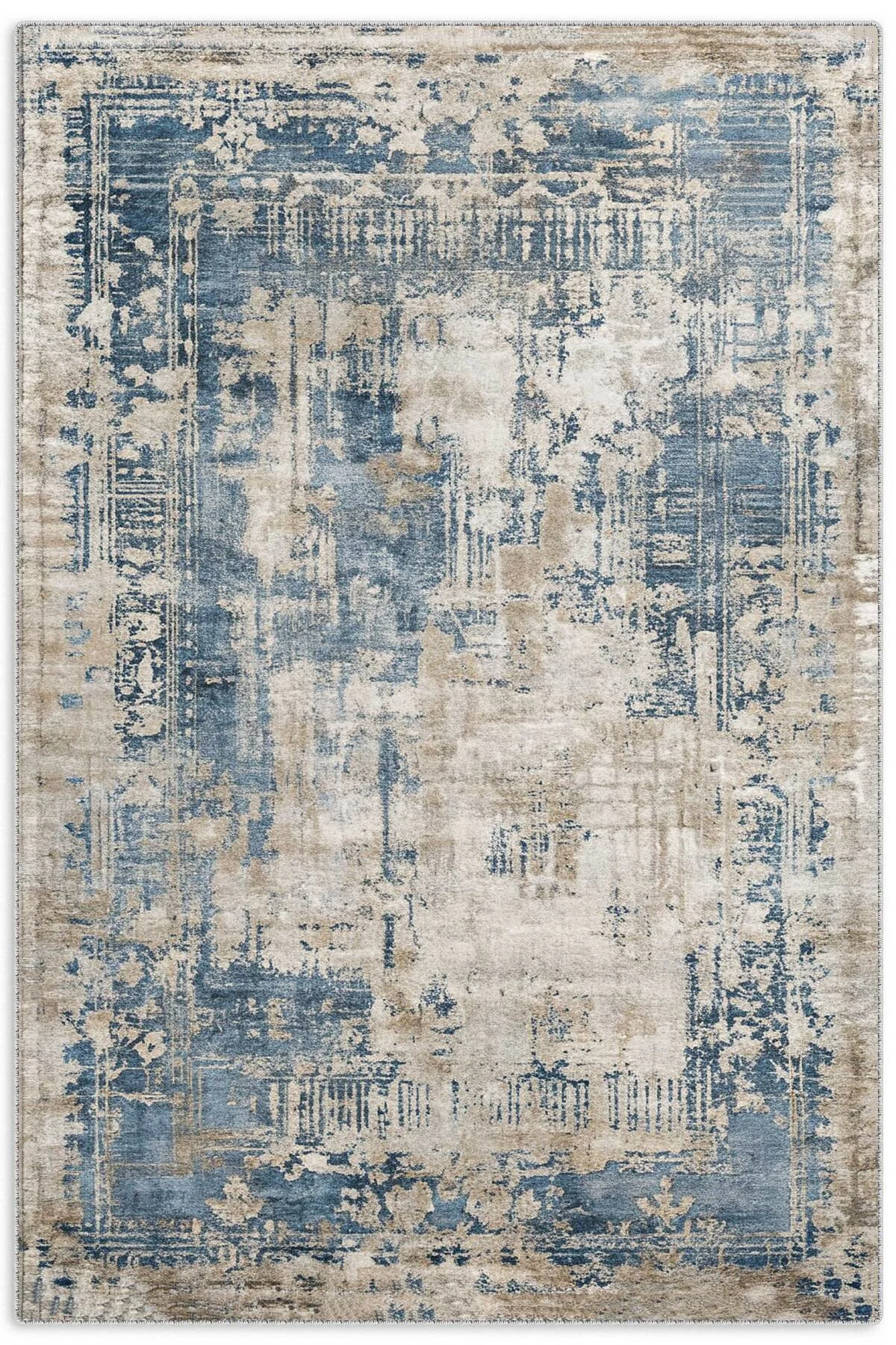 Tasarım Çift Taraflı Yıkanabilir Şönil Halı Kilim Yolluk Eskitme Çerçeveli Mavi