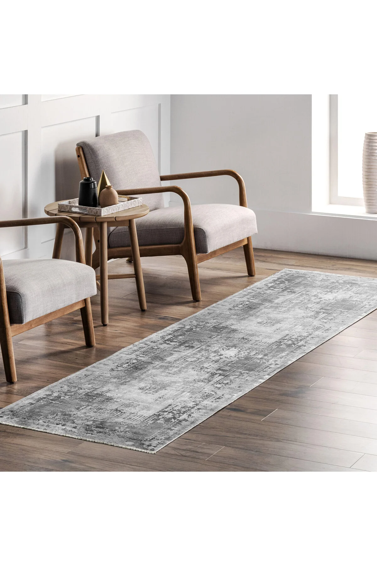 Tasarım Çift Taraflı Yıkanabilir Eskitme Şönil Halı Kilim Yolluk Gri Vintage Çerçeveli Tasarım Çift Taraflı Yıkanabilir Eskitme Şönil Halı Kilim Yolluk Gri Vintage Çerçeveli