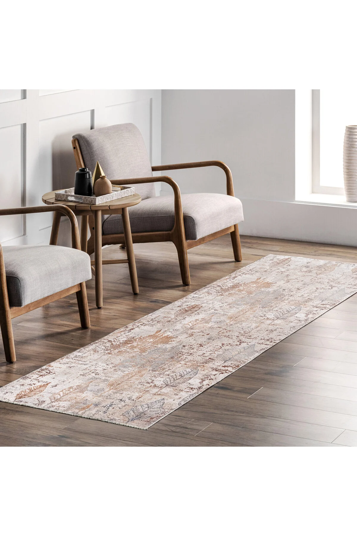 Tasarım Çift Taraflı Yıkanabilir Şönil Halı Kilim Yolluk Vizon Kahve Yaprak Desenli