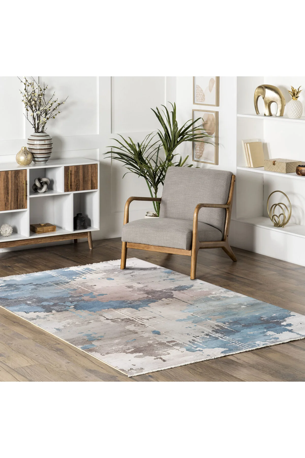 Tasarım Çift Taraflı Yıkanabilir Şönil Halı Kilim Yolluk Abstract Mavi Gri
