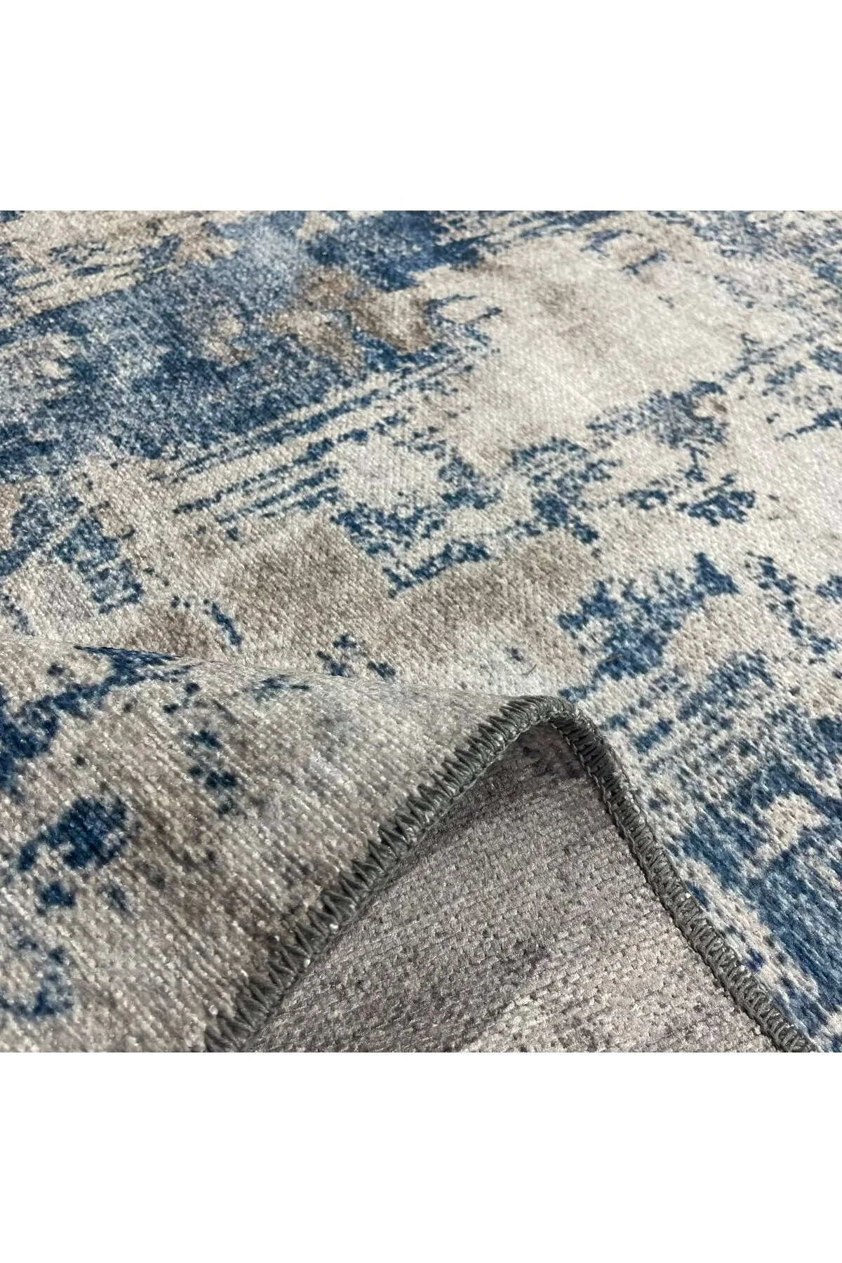Tasarım Çift Taraflı Yıkanabilir Şönil Halı Kilim Yolluk Eskitme Çerçeveli Mavi