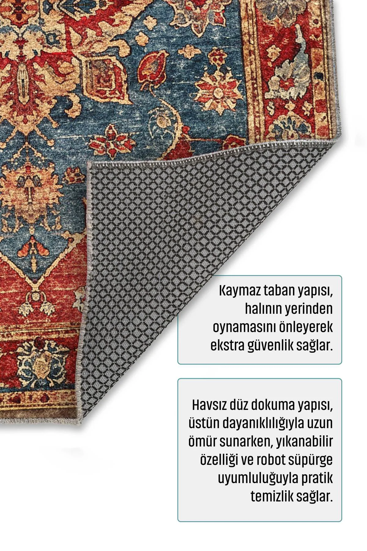 Tasarım Kırmızı Mavi Şönil Halı Kilim Yolluk Kaymaz Yıkanabilir S