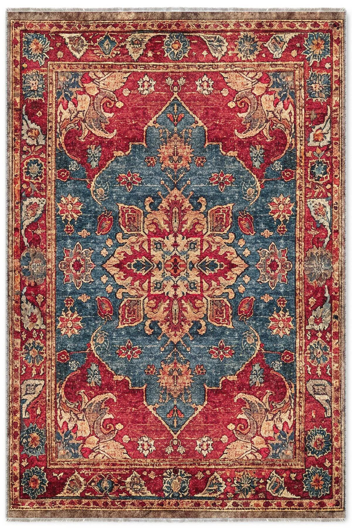 Tasarım Kırmızı Mavi Şönil Halı Kilim Yolluk Kaymaz Yıkanabilir S
