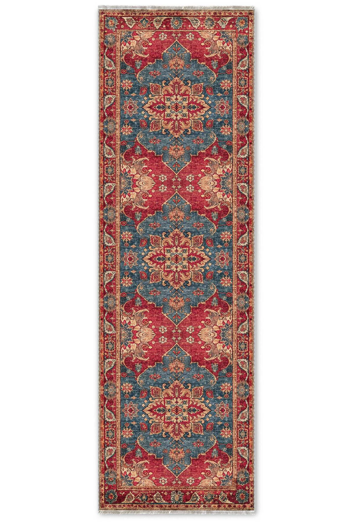 Tasarım Kırmızı Mavi Şönil Halı Kilim Yolluk Kaymaz Yıkanabilir S