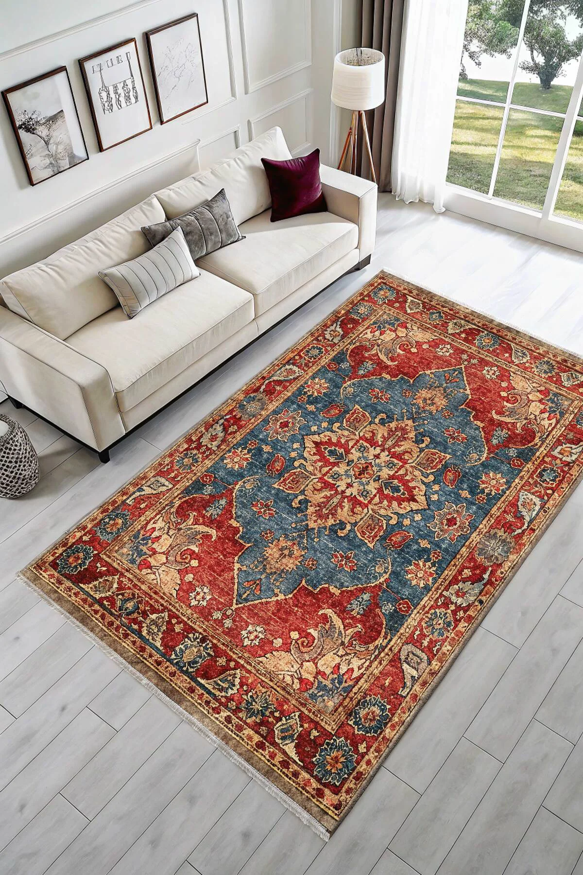 Tasarım Kırmızı Mavi Şönil Halı Kilim Yolluk Kaymaz Yıkanabilir S