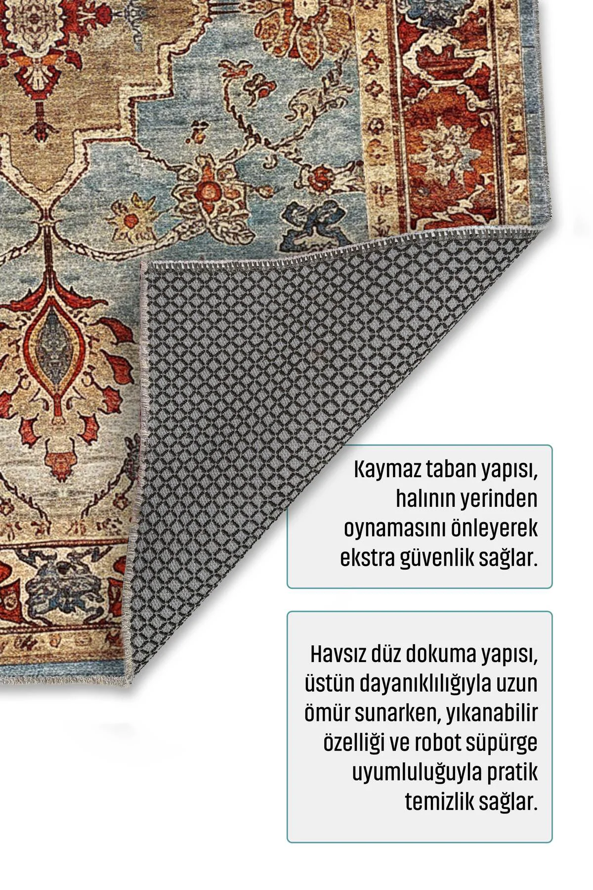 Tasarım Sultani Mavi Şönil Halı Kilim Yolluk Kaymaz Yıkanabilir S