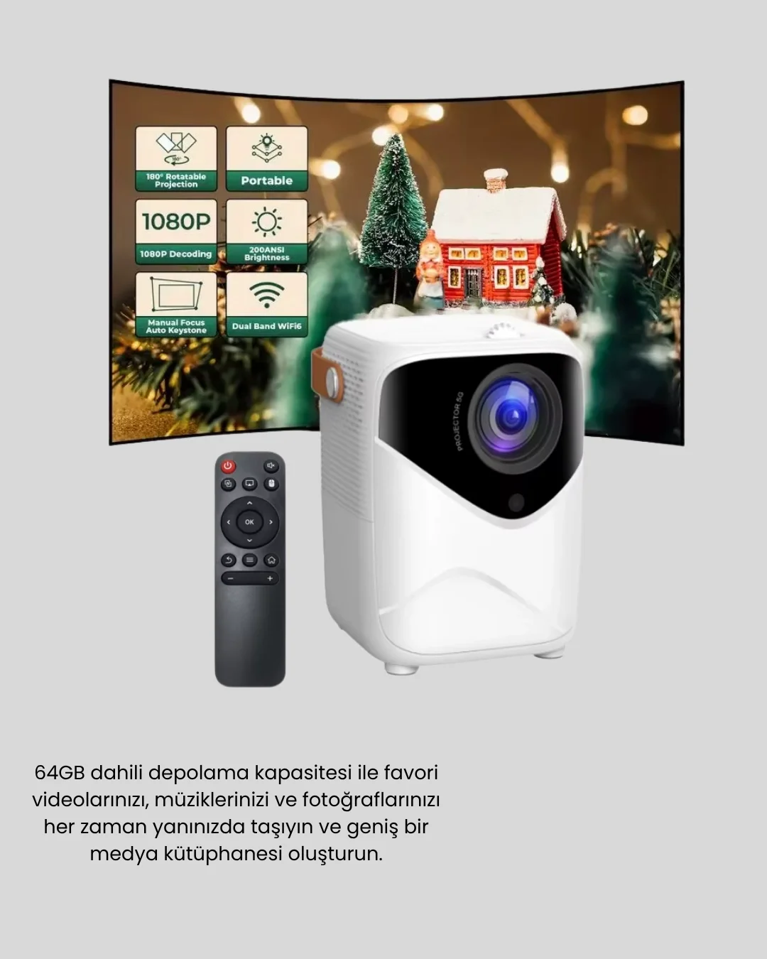 Taşınabilir 1080P HD Akıllı Projektör – 64GB Dahili Hafıza, 2GB RAM, Uzaktan Kumandalı