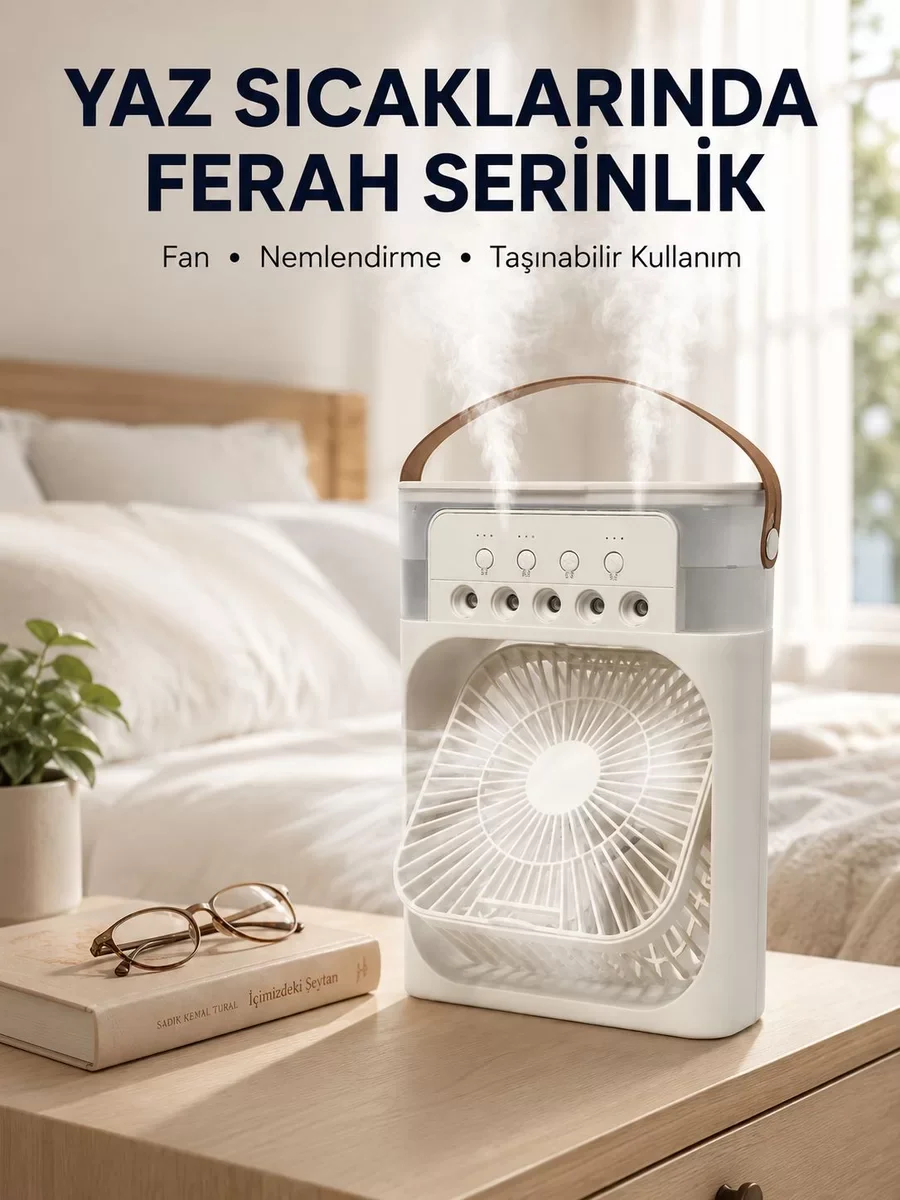 Taşınabilir 3'ü 1 Arada Mini Kliması: Nemlendirici, Soğutucu ve Gece Lambası ile Konforun Adresi