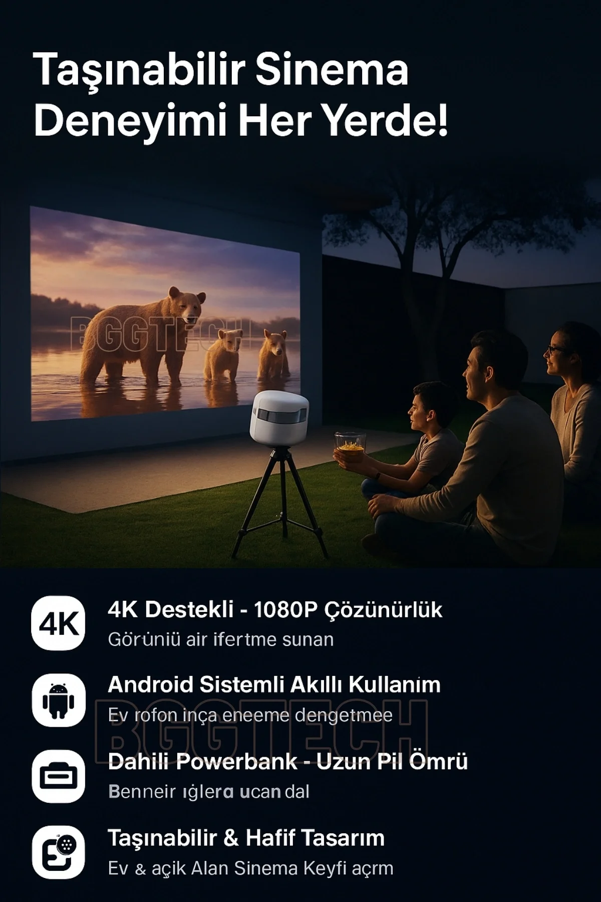 Taşınabilir 4K Destekli 1080P Projeksiyon Cihazı, Bataryalı ve Android İşletim Sistemli