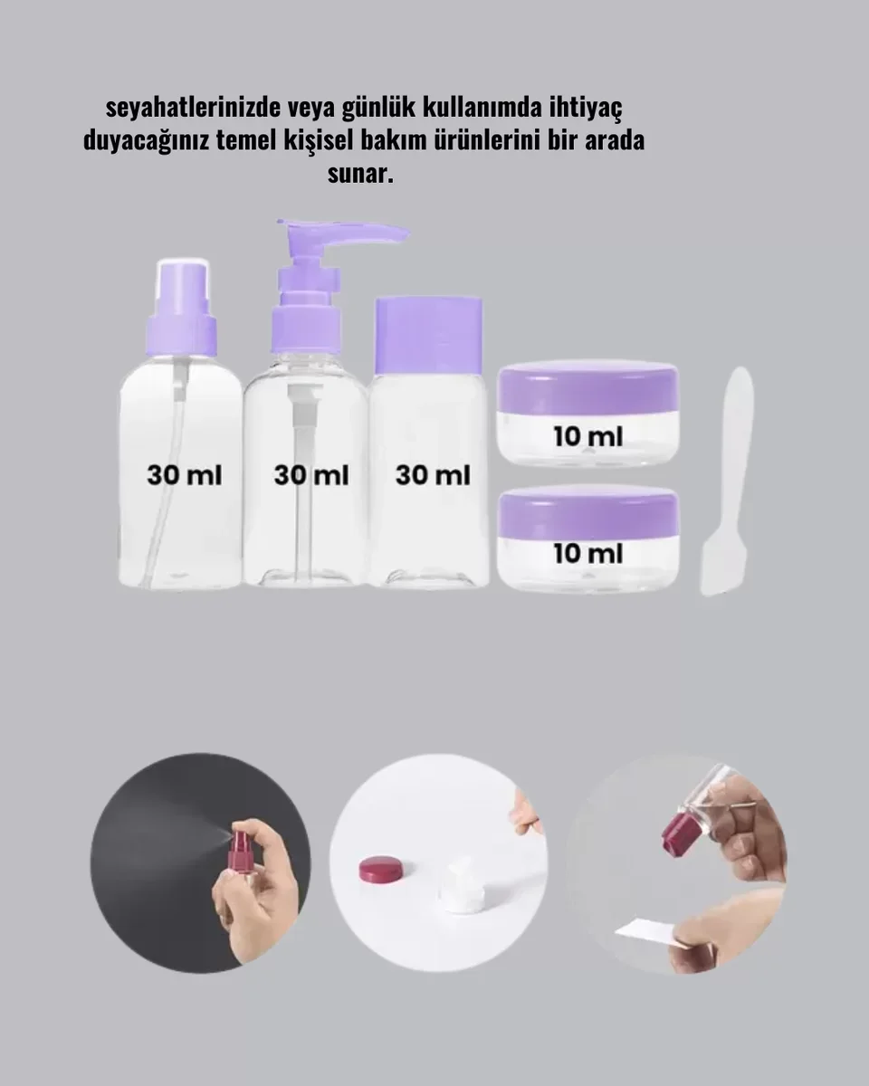 Taşınabilir 5’li Seyahat Banyo Seti - Şampuanlık Sprey Krem Kutusu Yeni Nesil