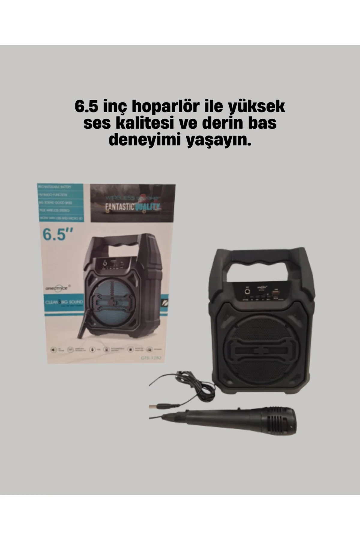 Taşınabilir 6.5” Bluetooth Hoparlör USB TF Kart Mikrofonlu Şarjlı Sistem