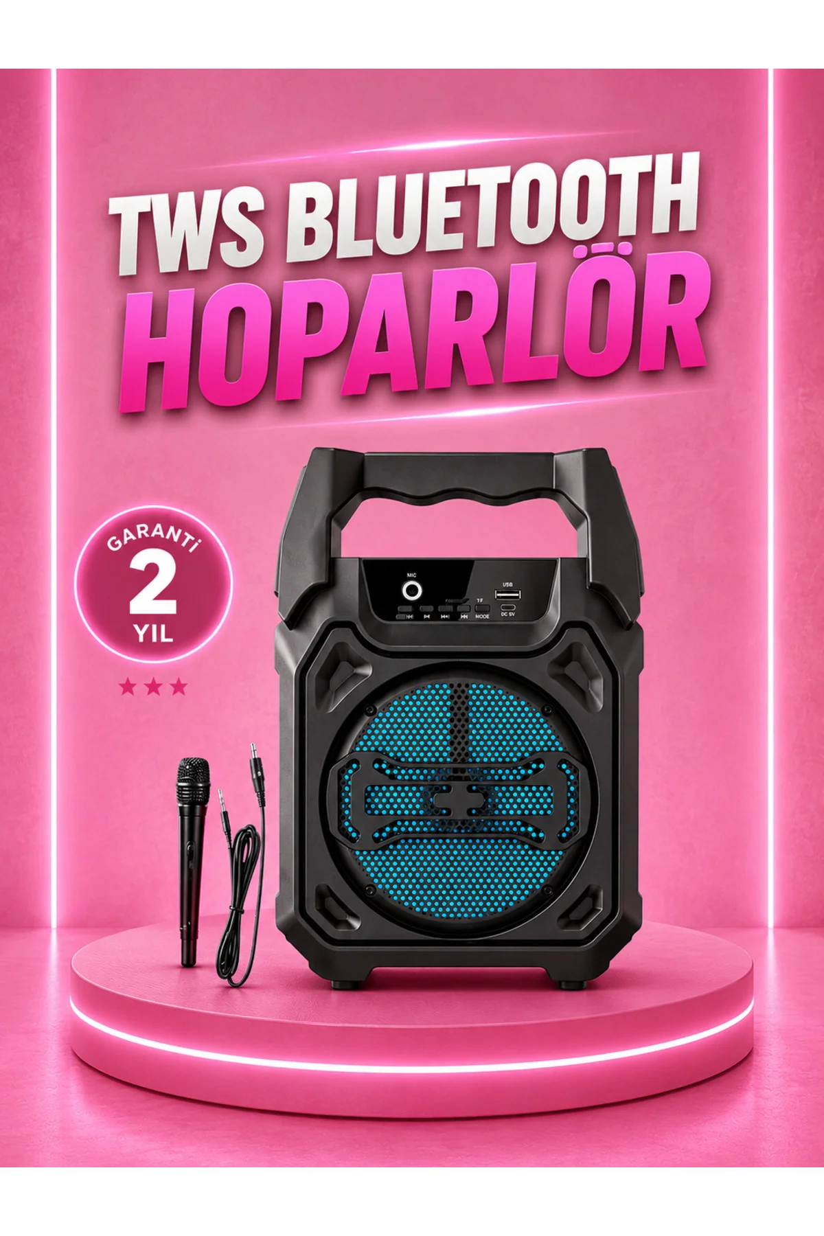 Taşınabilir 6.5” Bluetooth Hoparlör USB TF Kart Mikrofonlu Şarjlı Sistem