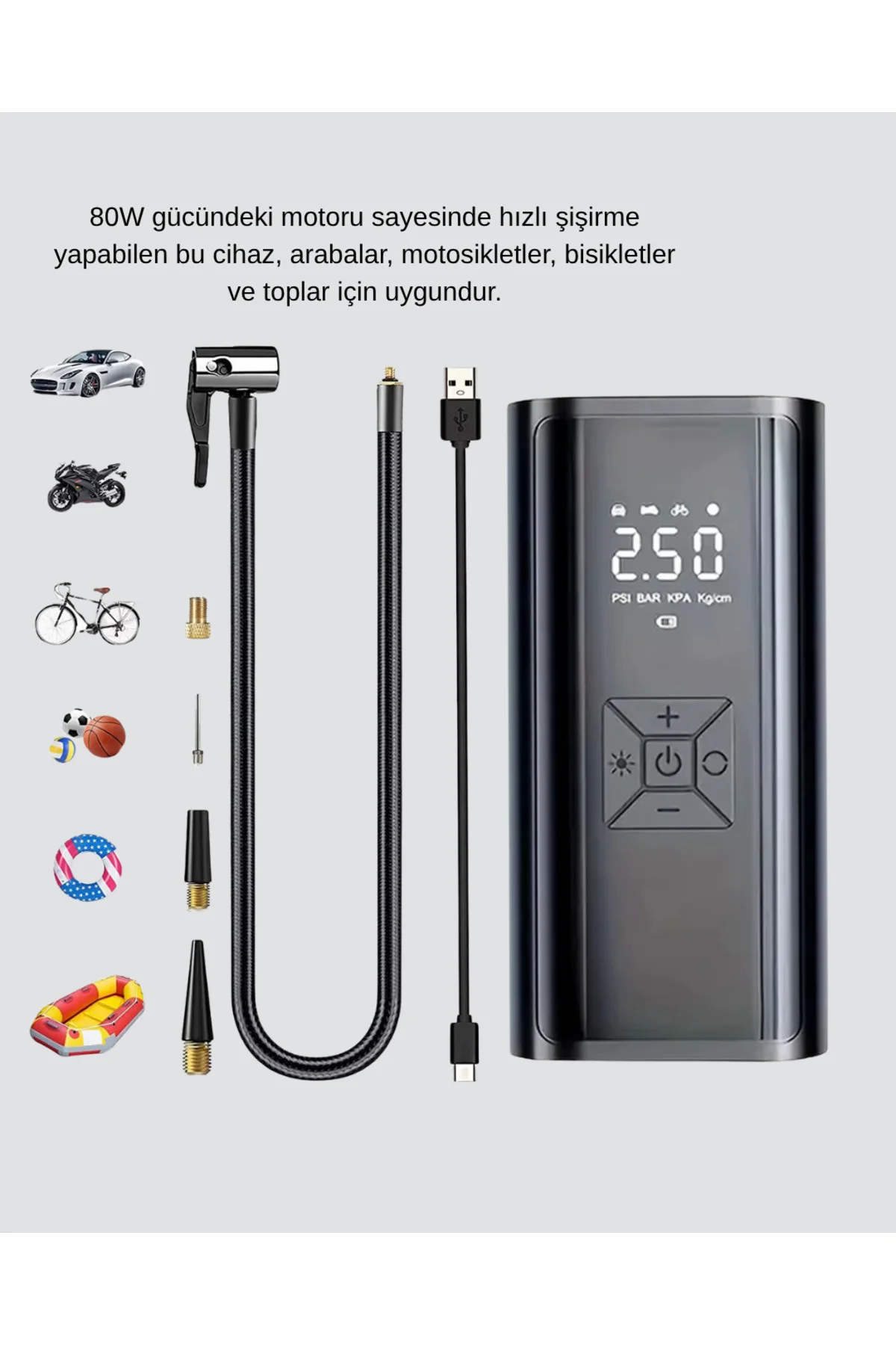 Taşınabilir 80W Kablosuz Lastik Şişirme Pompası Dijital Ekranlı -