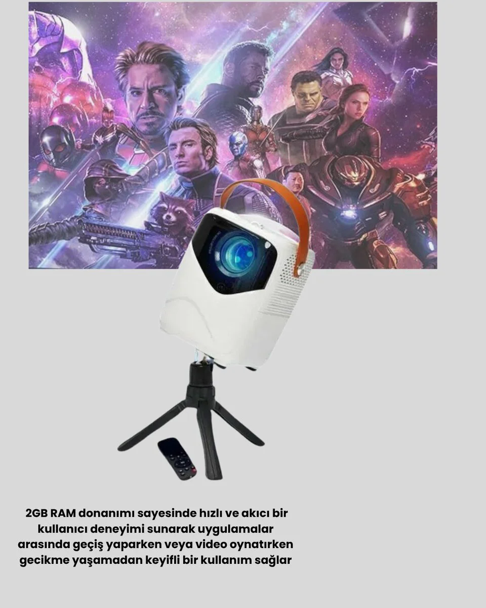 Taşınabilir Akıllı 1080P Projektör 64GB Hafıza 2GB RAM - Full HD Görüntülü Kumandalı