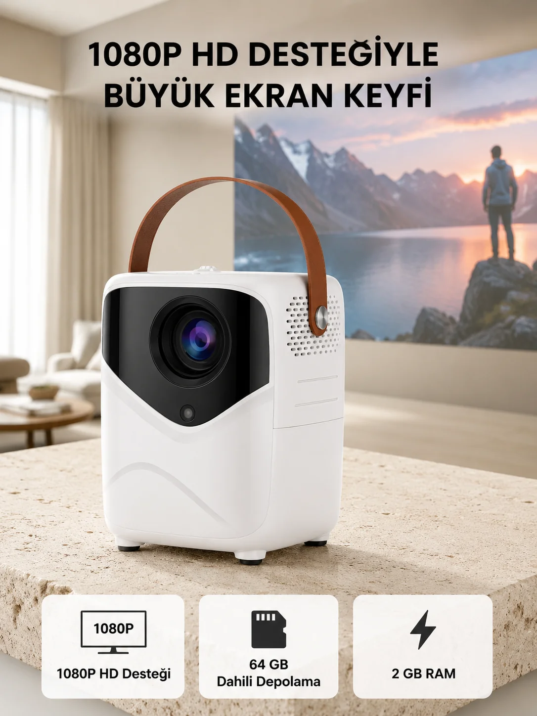 Taşınabilir Akıllı 1080P Projektör – 64GB Hafıza, 2GB RAM, Full HD Görüntü, Kumandalı Yeni Nesil