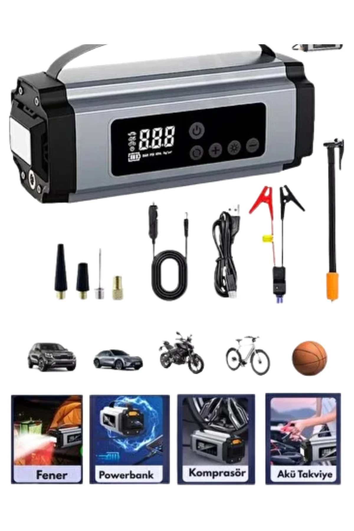 Taşınabilir Akü Takviye Cihazı Dijital Hava Kompresörü Powerbank 