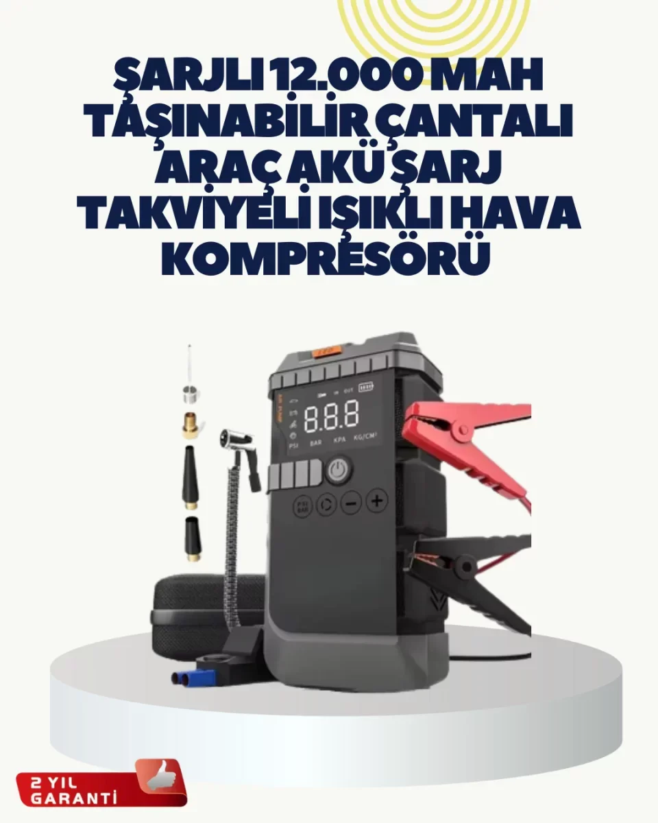 Taşınabilir Akü Takviye Cihazı Işıklı Hava Kompresörü Powerbank - Lisinya