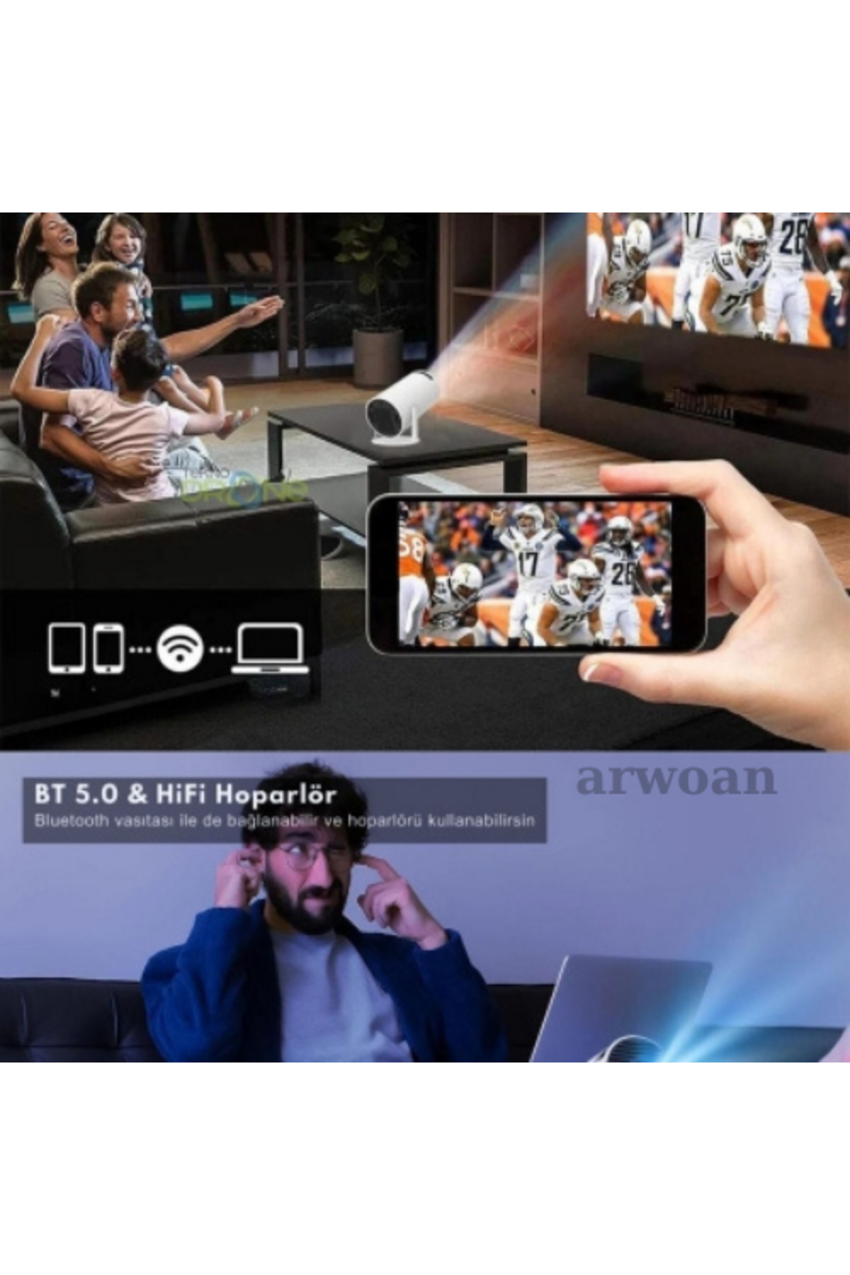 Arwoan Taşinabilir Android Projeksiyon En Güncel Versiyon Wifi Destekli