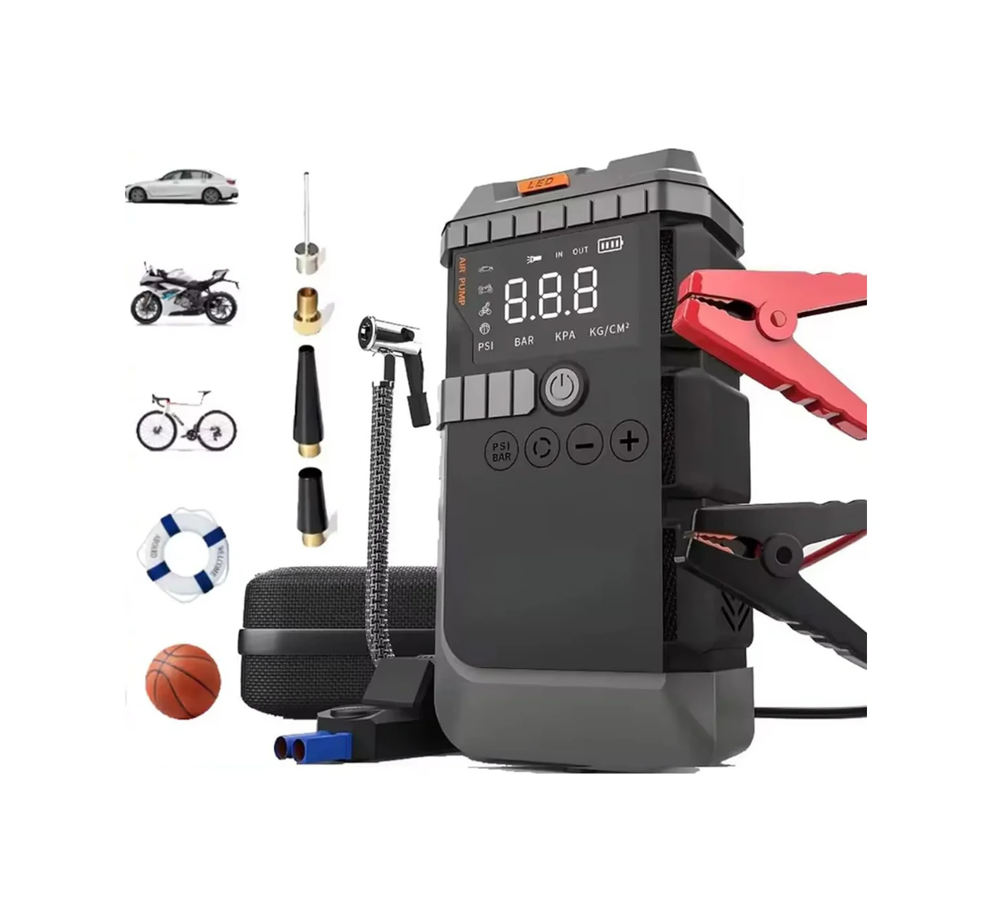 Taşınabilir Araç Çalıştırma Jump Starter Hava Pompası Dijital Basınç Göstergeli Güç Bankası - Lisinya