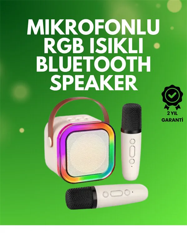 Taşınabilir Bluetooth Karaoke Sistemi - 2400mAh Pil, 2 Kablosuz Mikrofon, LED Işıklar
