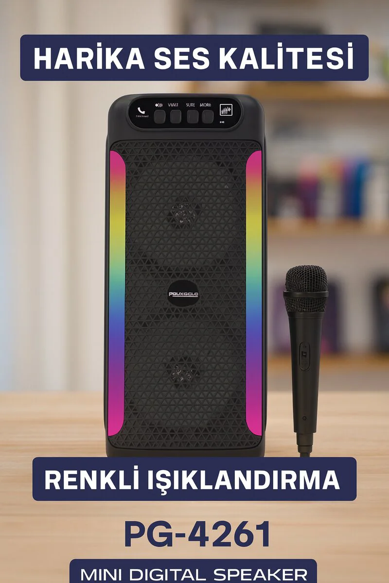 Taşınabilir Bluetooth Hoparlör 4 Inç RGB Işıklı Karaoke & FM Radyo Özellikli