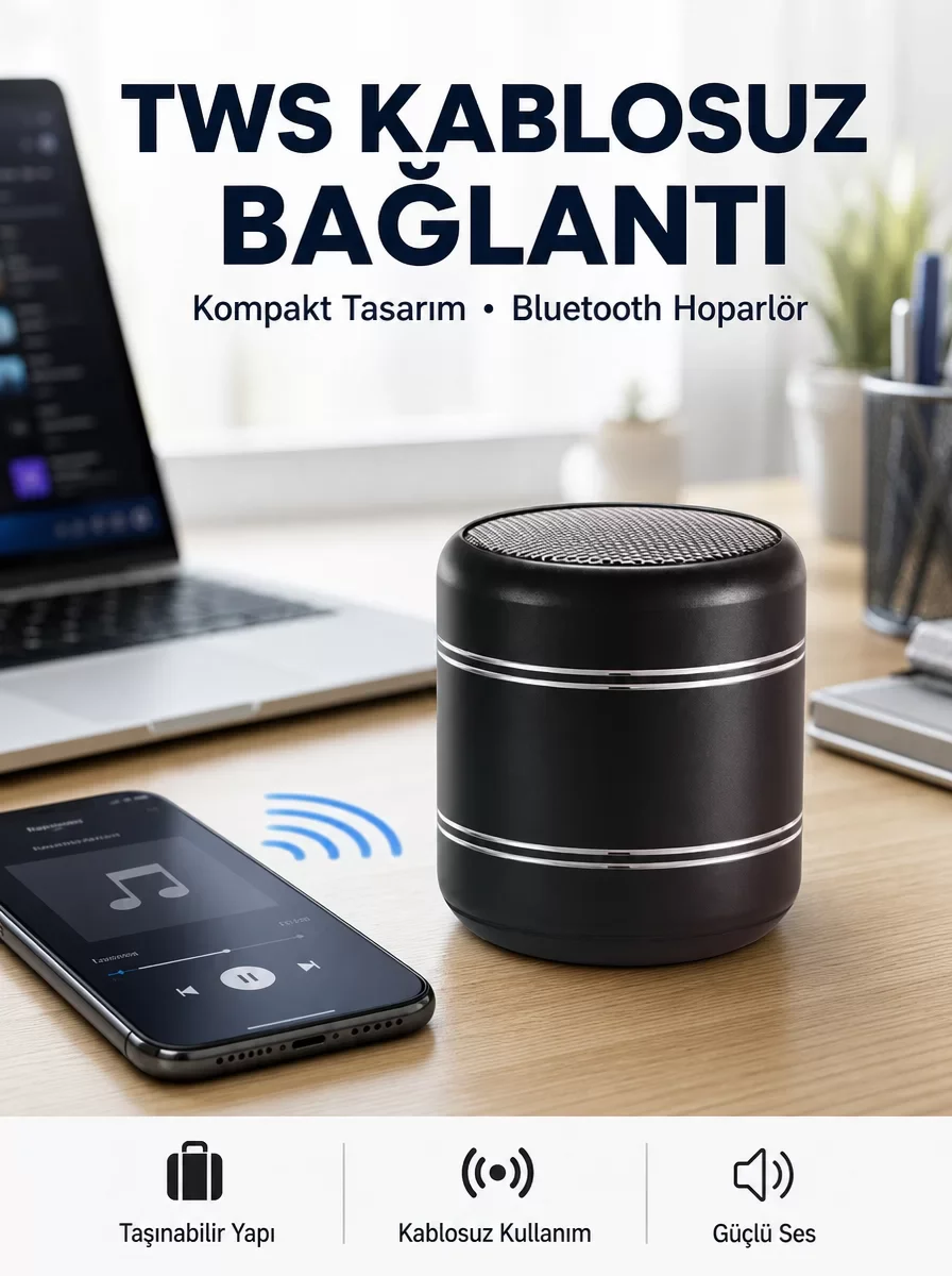 Taşınabilir Bluetooth 5.0 Hoparlör Yüksek Bas Metal Tasarım - 10m Menzil