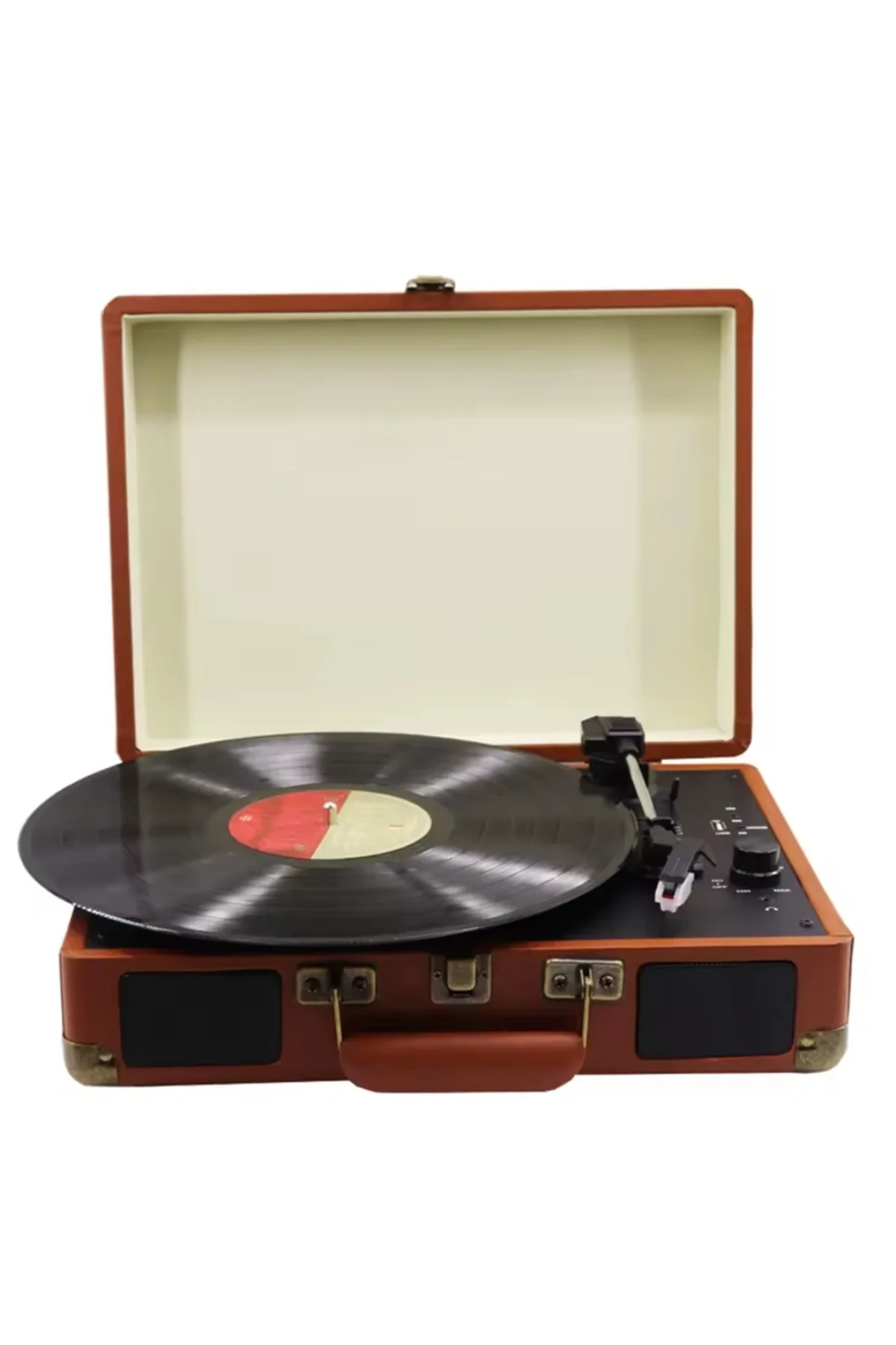 Taşınabilir çantalı retro bluetooth hoparlörlü pikap radyo usb mp3 33/45/78 plak çalar kahverengi