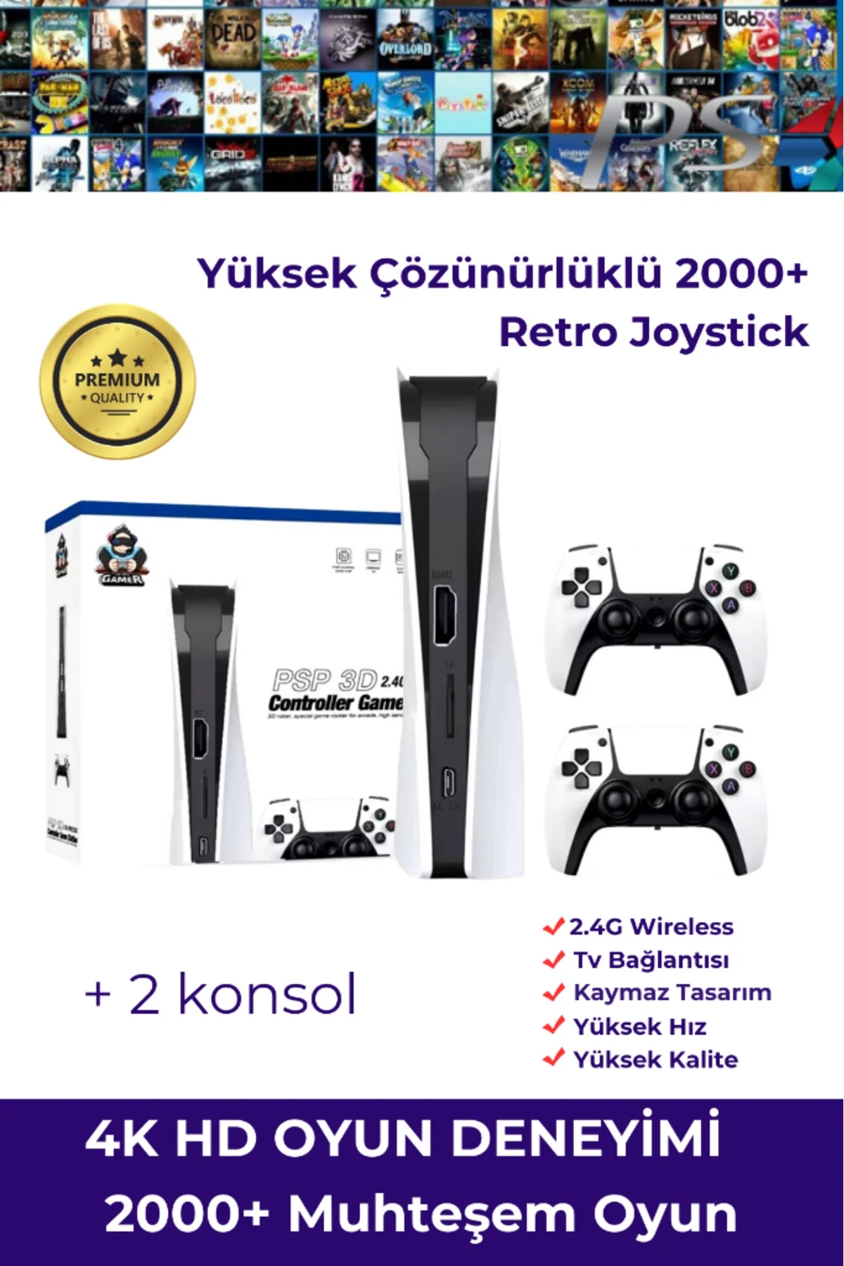 Taşınabilir Çift Kollu 30.000 Oyunlu Kablosuz Oyun Konsolu, 2.4GHz Bağlantılı Beyaz Retro Gamepad