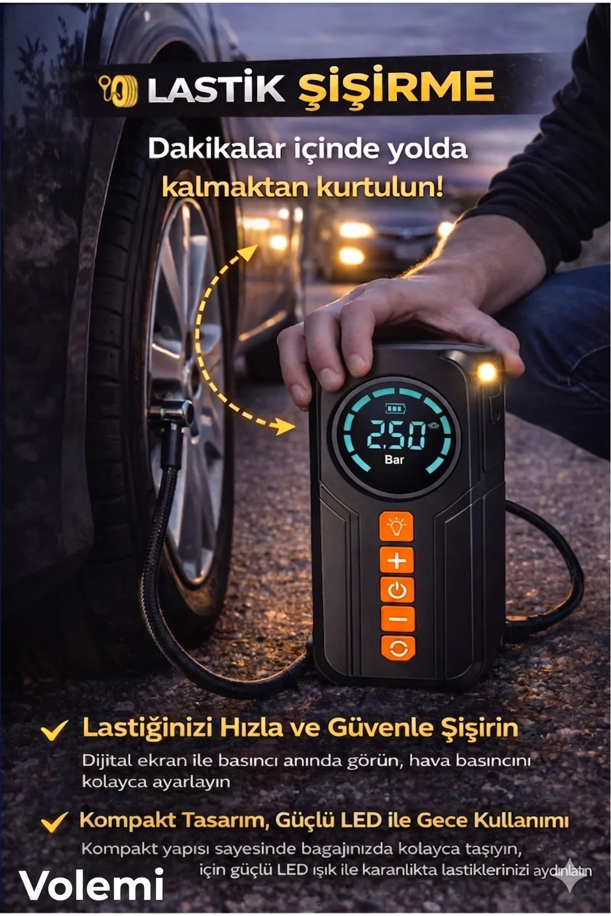 Taşınabilir Dijital Hava Kompresörü ve Powerbank, Tek Kişilik Kullanım İçin 100 Watt Güç
