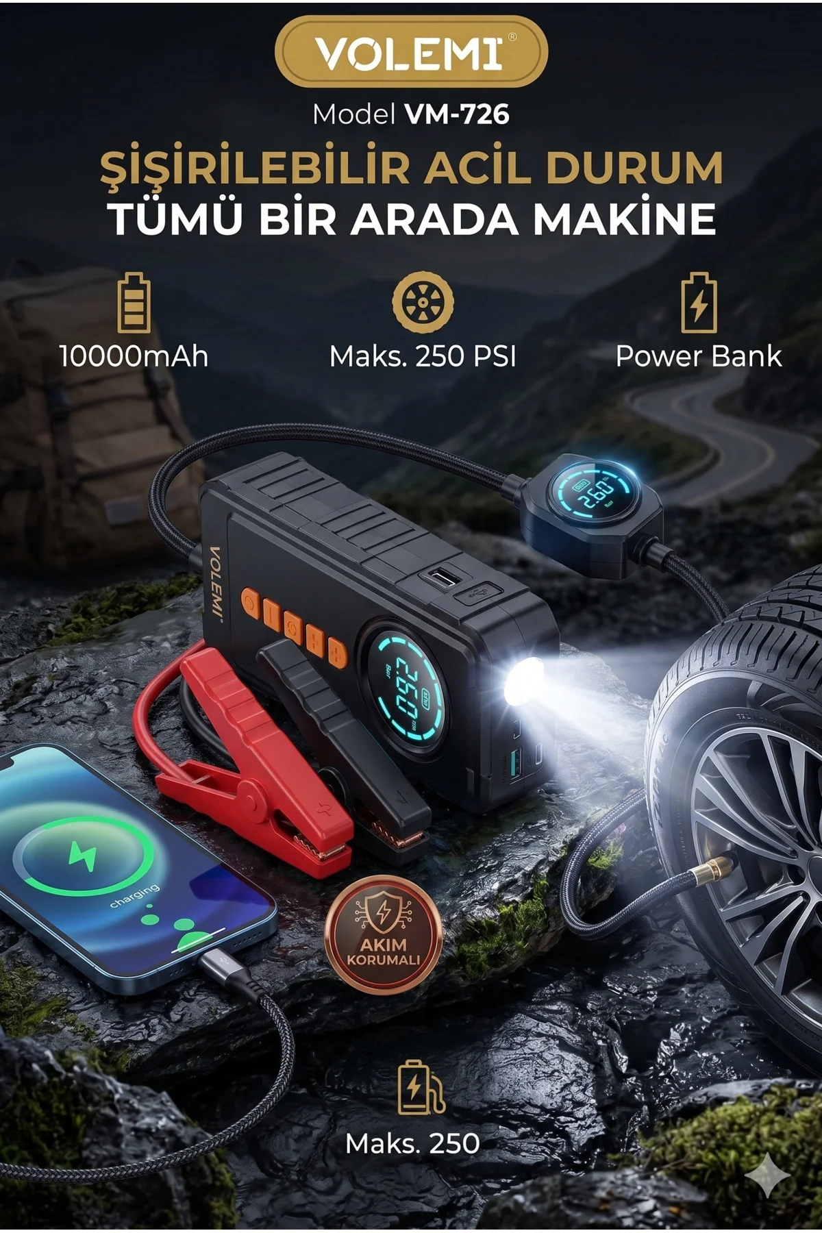 Taşınabilir Dijital Hava Kompresörü ve Powerbank, Tek Kişilik Kullanım İçin 100 Watt Güç