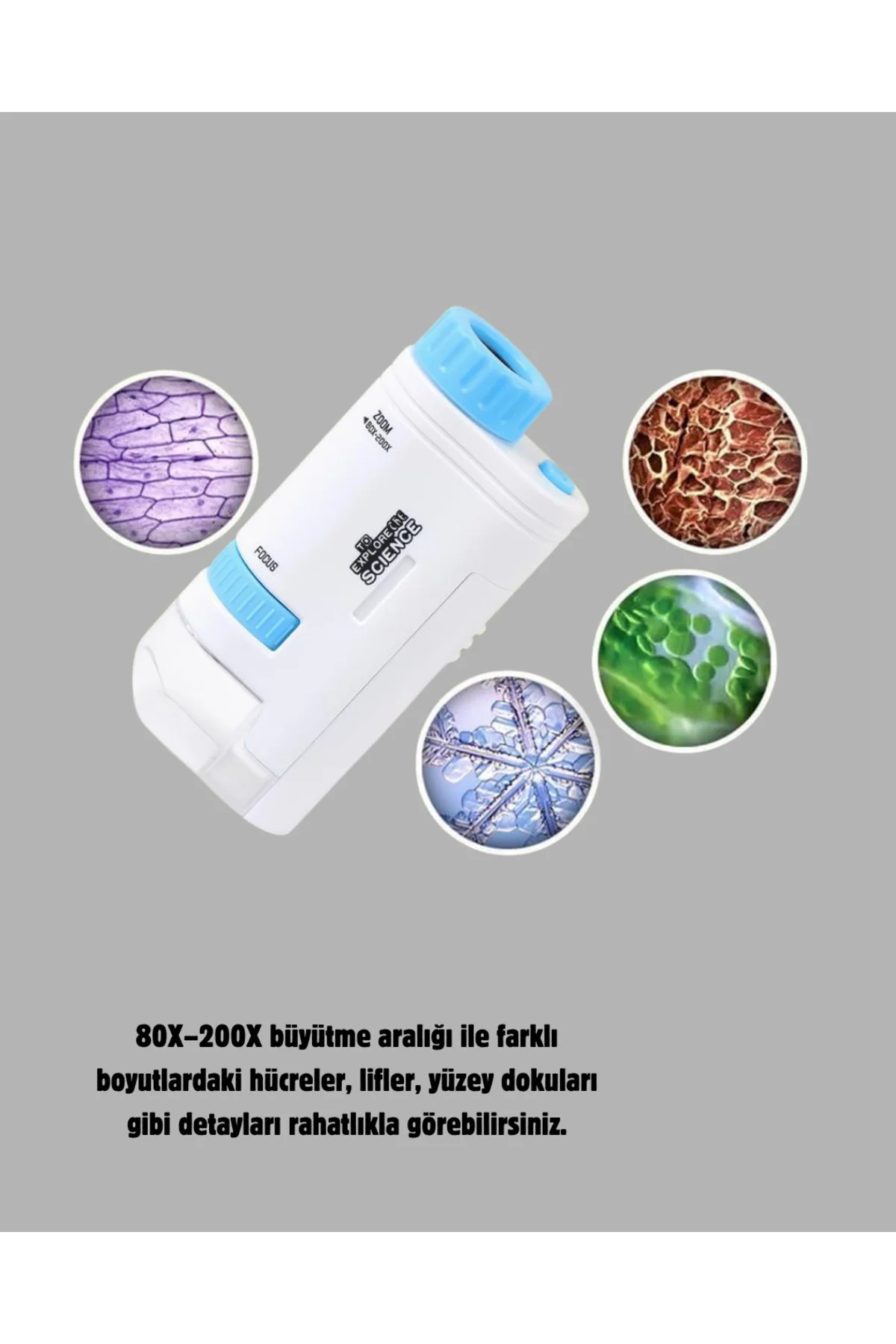 Taşınabilir Eğitim Mikroskobu 80X–200X LED Işıklı ve Darbeye Daya