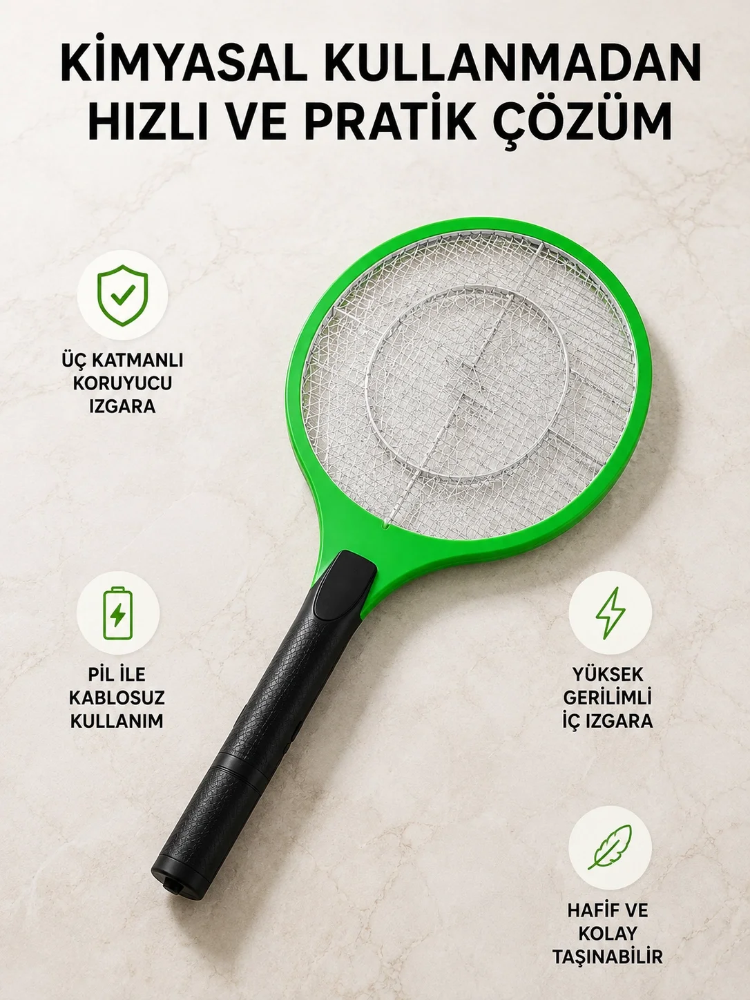Taşınabilir Elektronik Sineklik – Üç Katmanlı Güvenli Izgara ve Kimyasız Koruma
