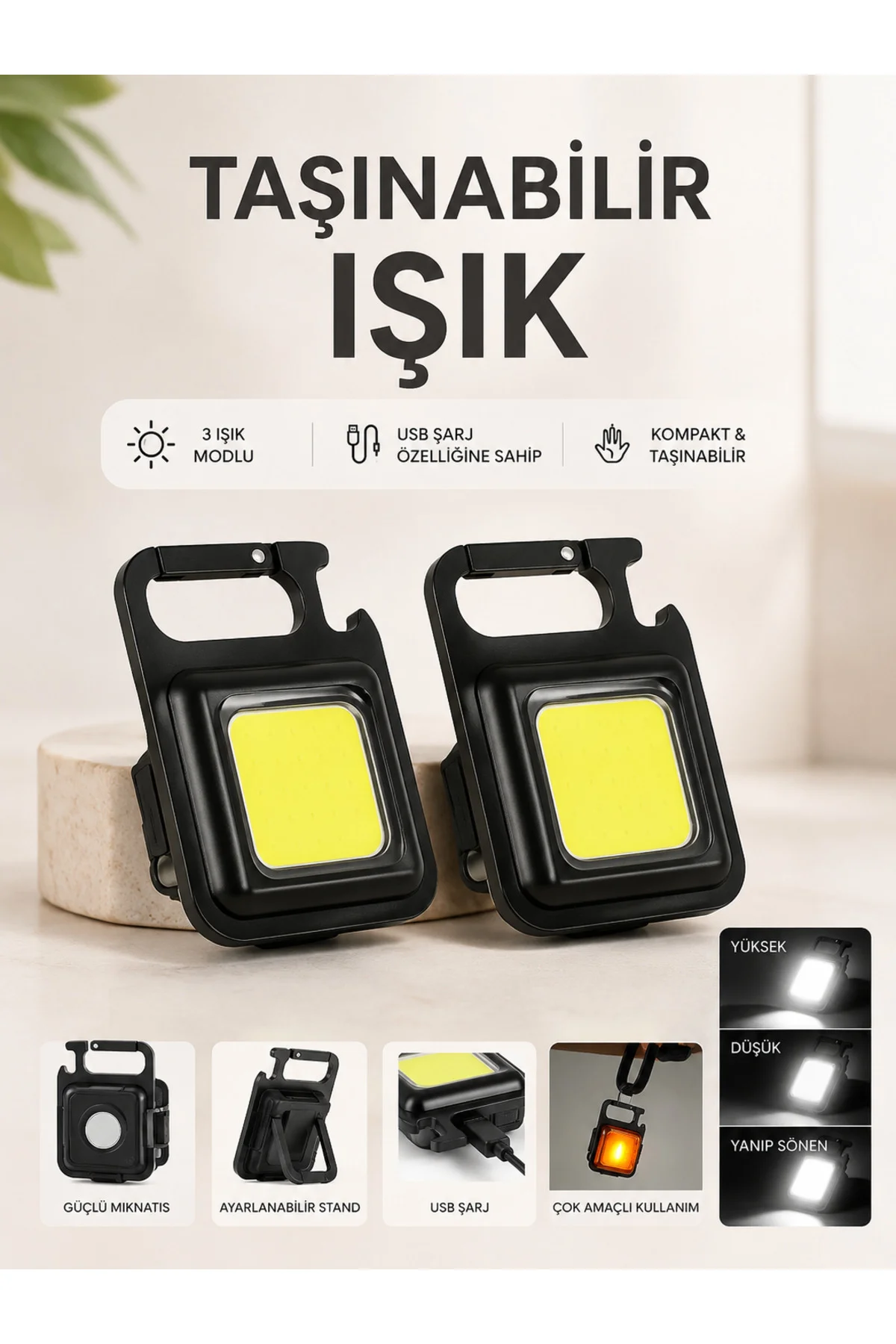 TAŞINABİLİR IŞIK 3 IŞIK MODLU USB ŞARJ ÖZEELİĞİNE SAHİP
