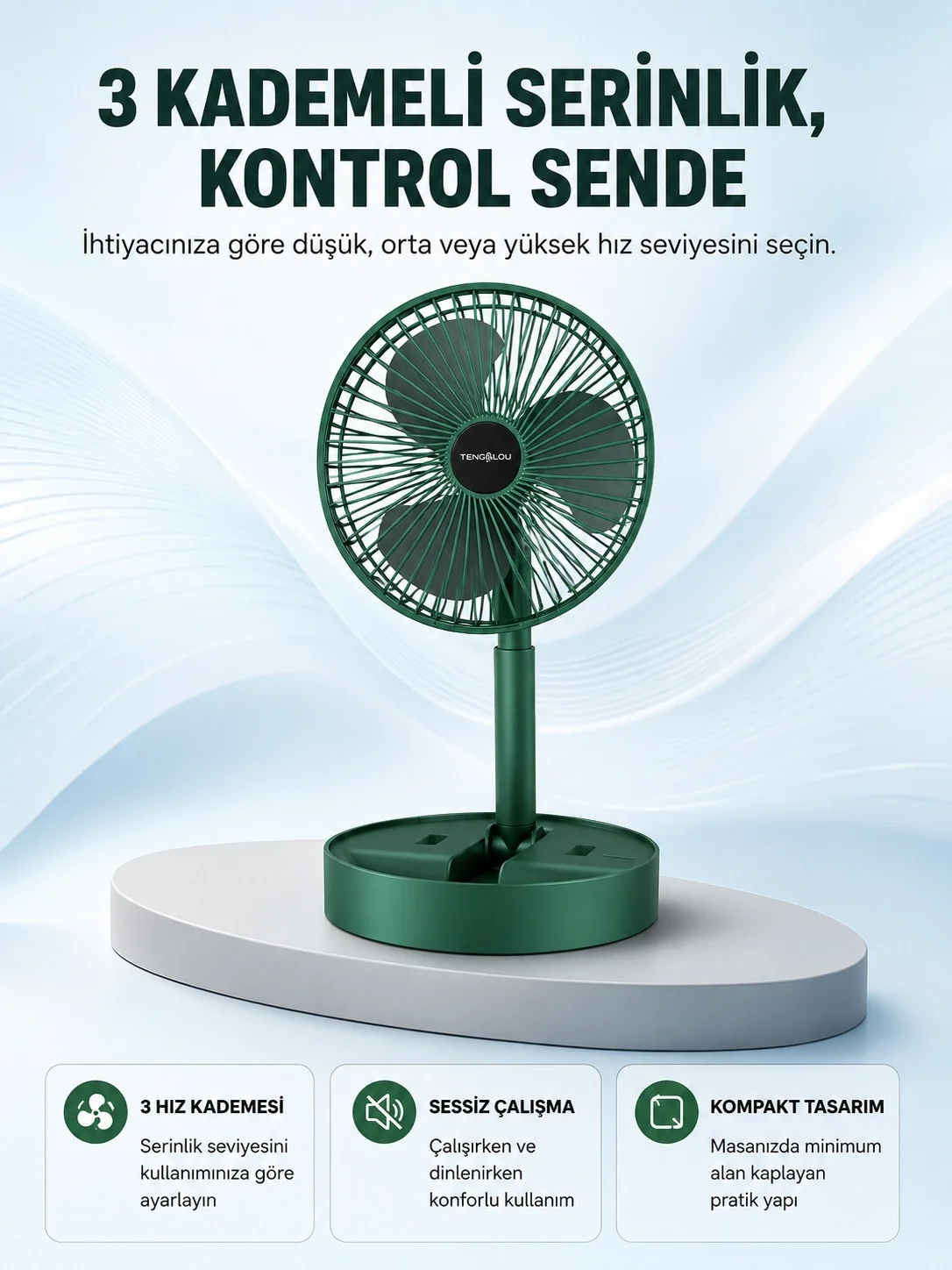 Taşınabilir Katlanabilir Mini Fan 3 Kademeli Şarj Edilebilir